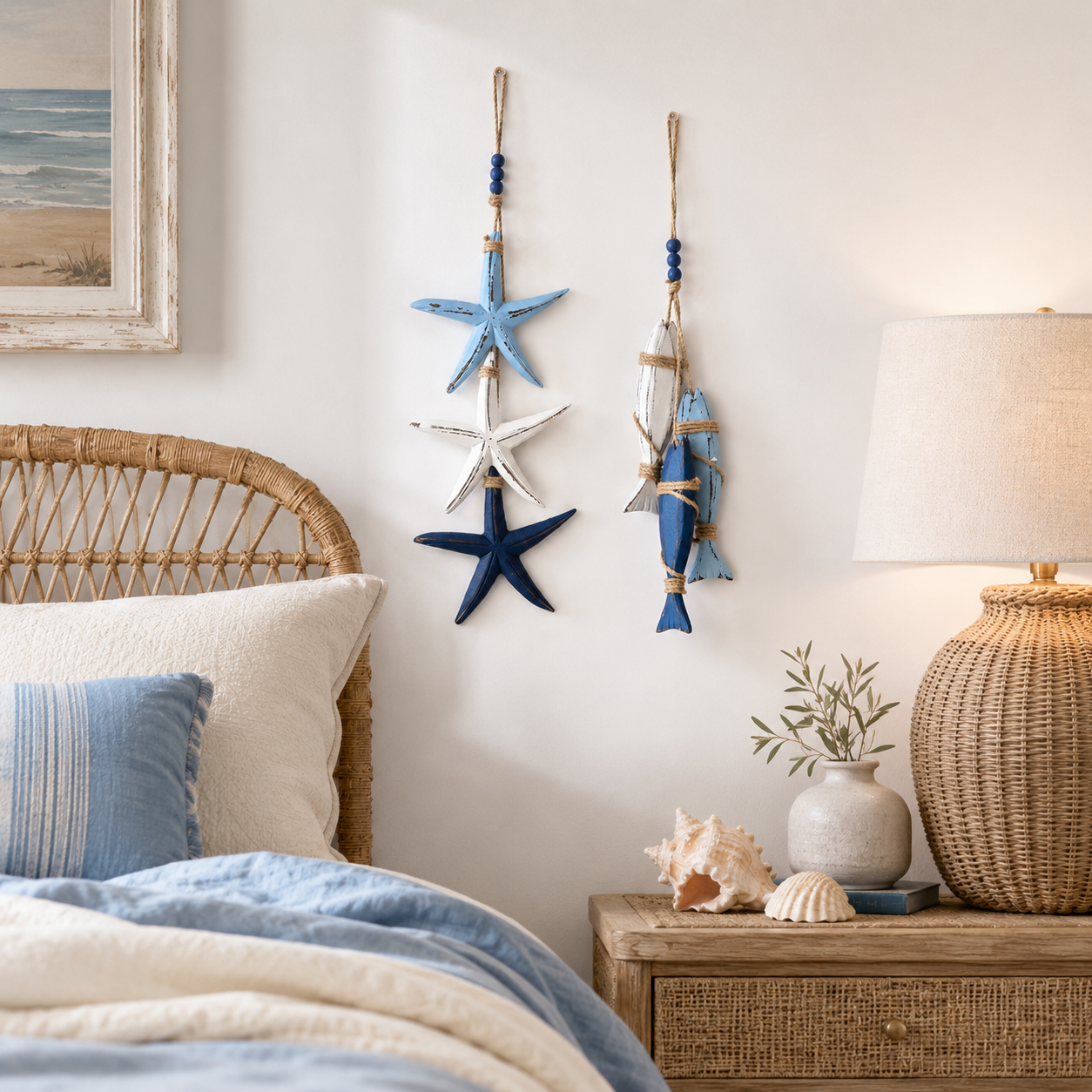 Coastal Wooden Starfish & Fish Hanging Decor, Nautical Wall Pendant with Jute Rope & Beads