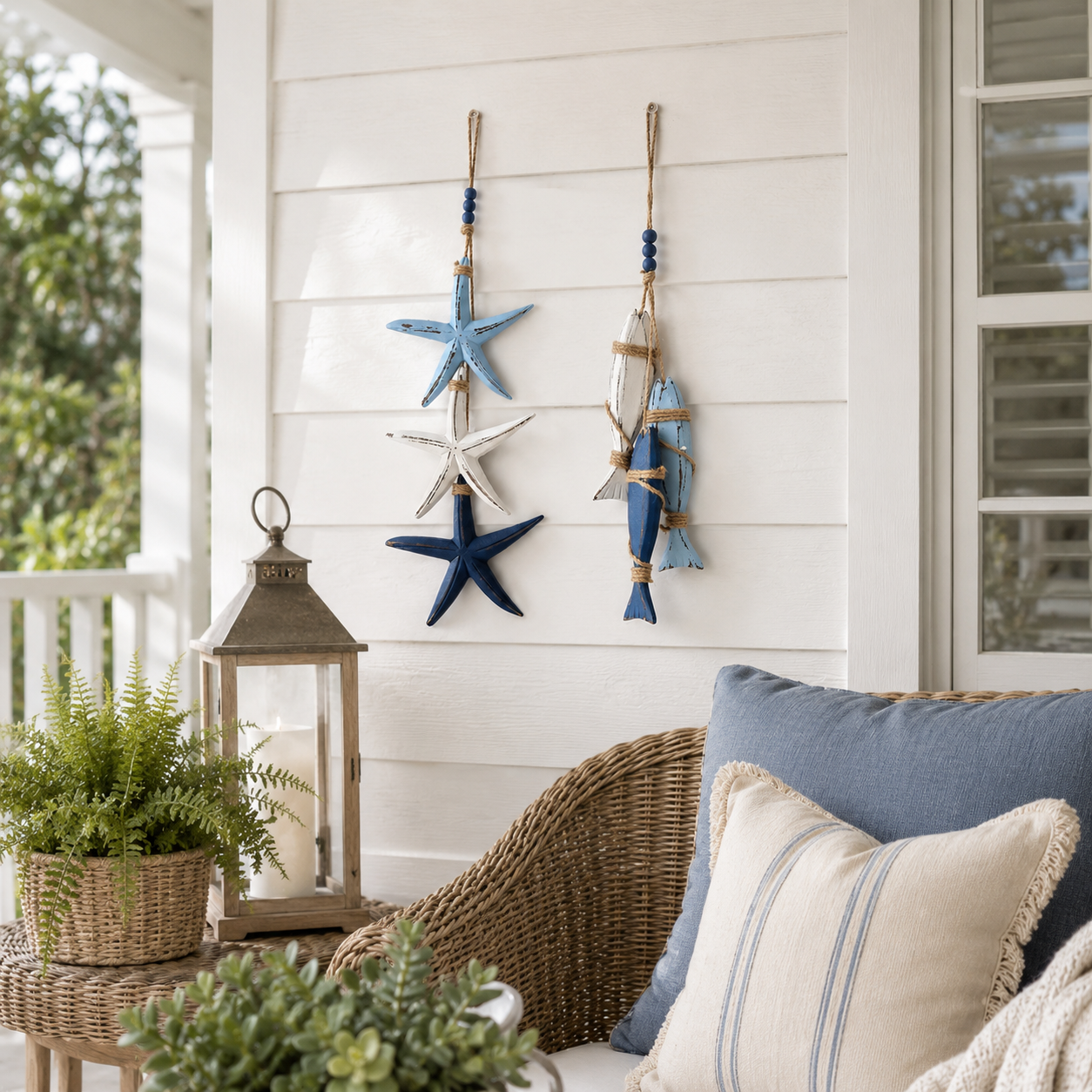 Coastal Wooden Starfish & Fish Hanging Decor, Nautical Wall Pendant with Jute Rope & Beads