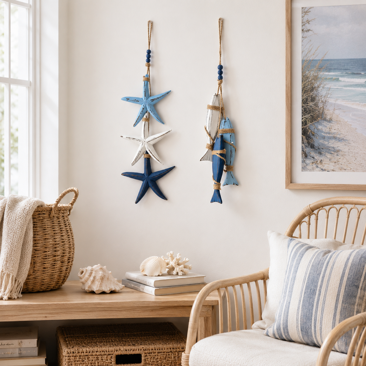 Coastal Wooden Starfish & Fish Hanging Decor, Nautical Wall Pendant with Jute Rope & Beads