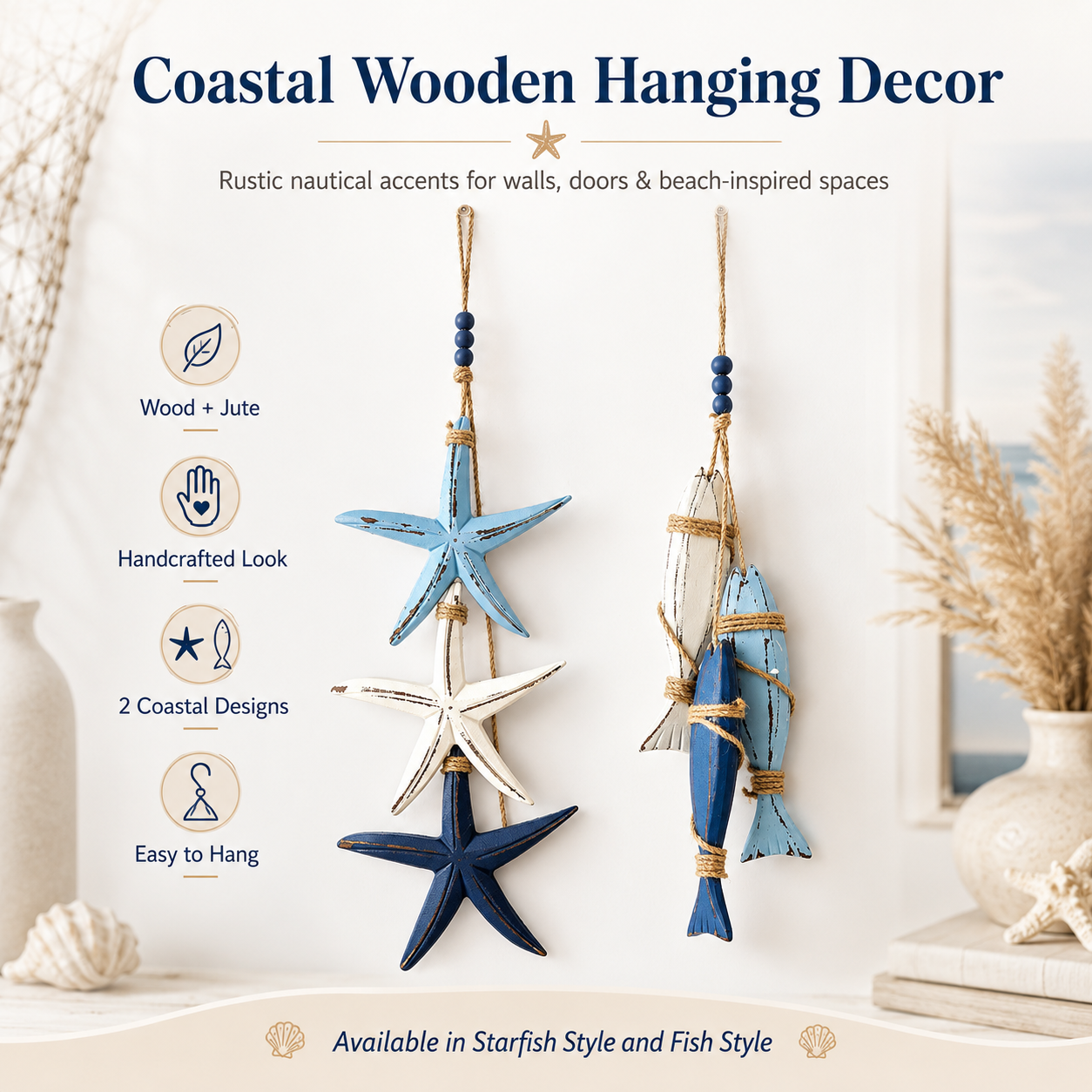 Coastal Wooden Starfish & Fish Hanging Decor, Nautical Wall Pendant with Jute Rope & Beads