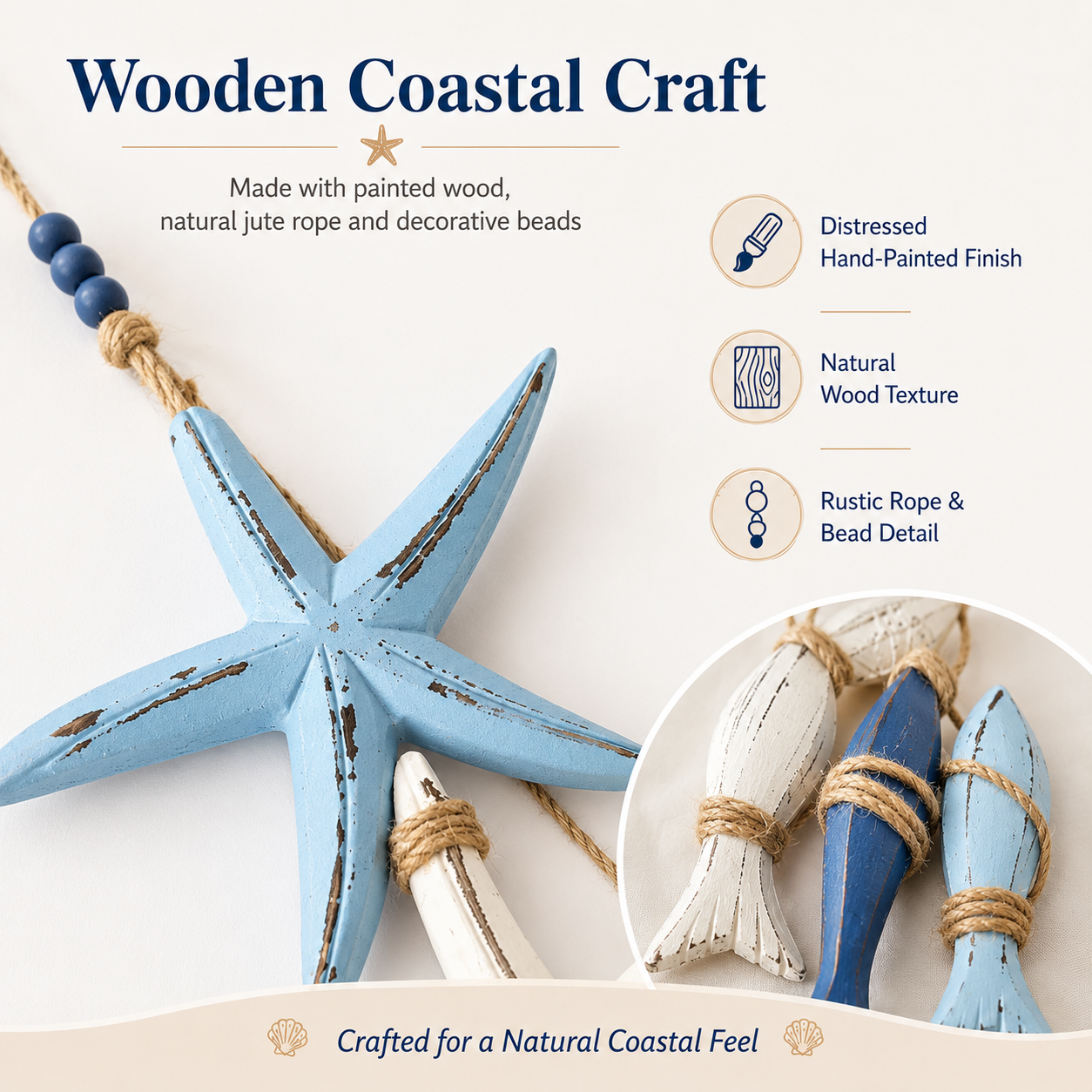 Coastal Wooden Starfish & Fish Hanging Decor, Nautical Wall Pendant with Jute Rope & Beads
