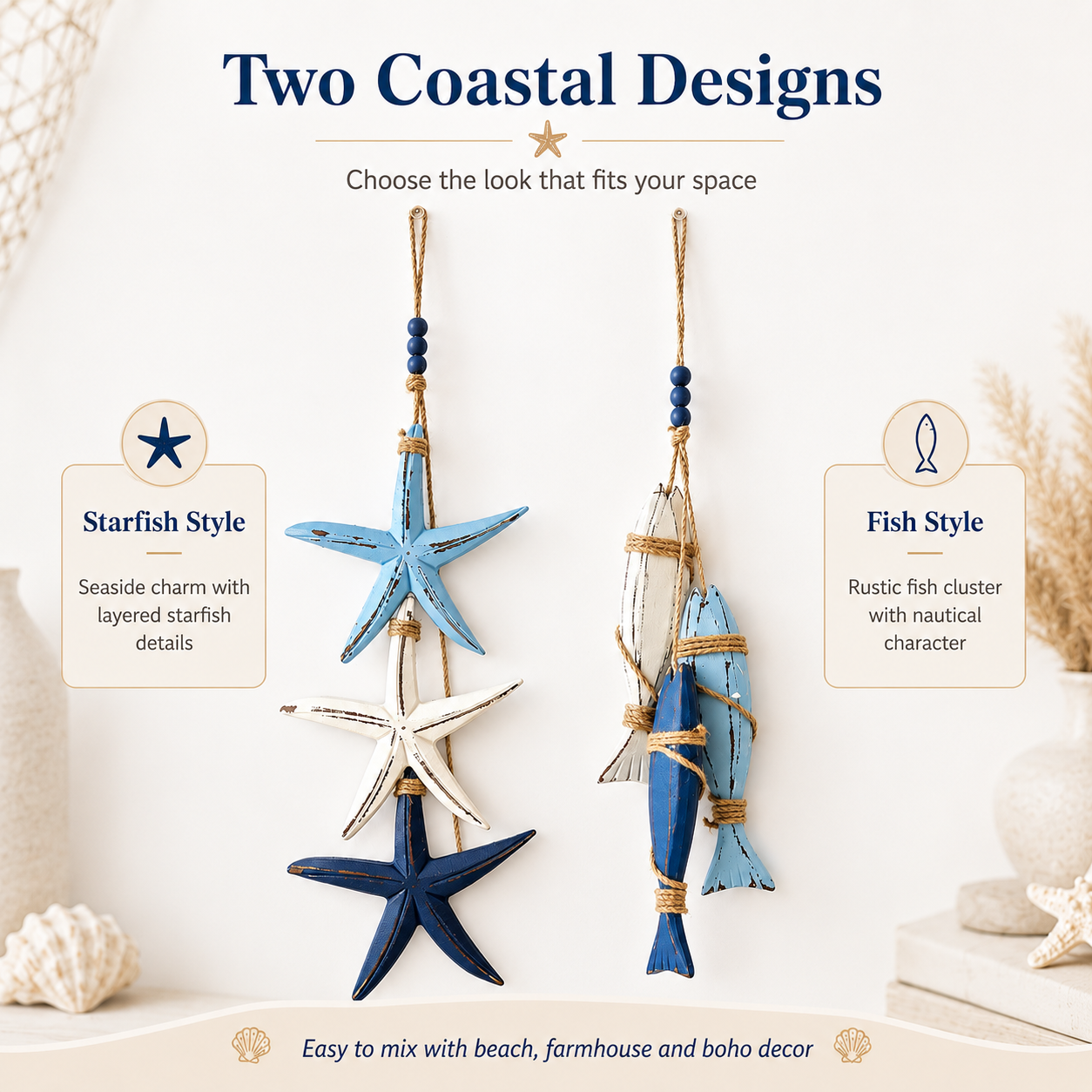 Coastal Wooden Starfish & Fish Hanging Decor, Nautical Wall Pendant with Jute Rope & Beads