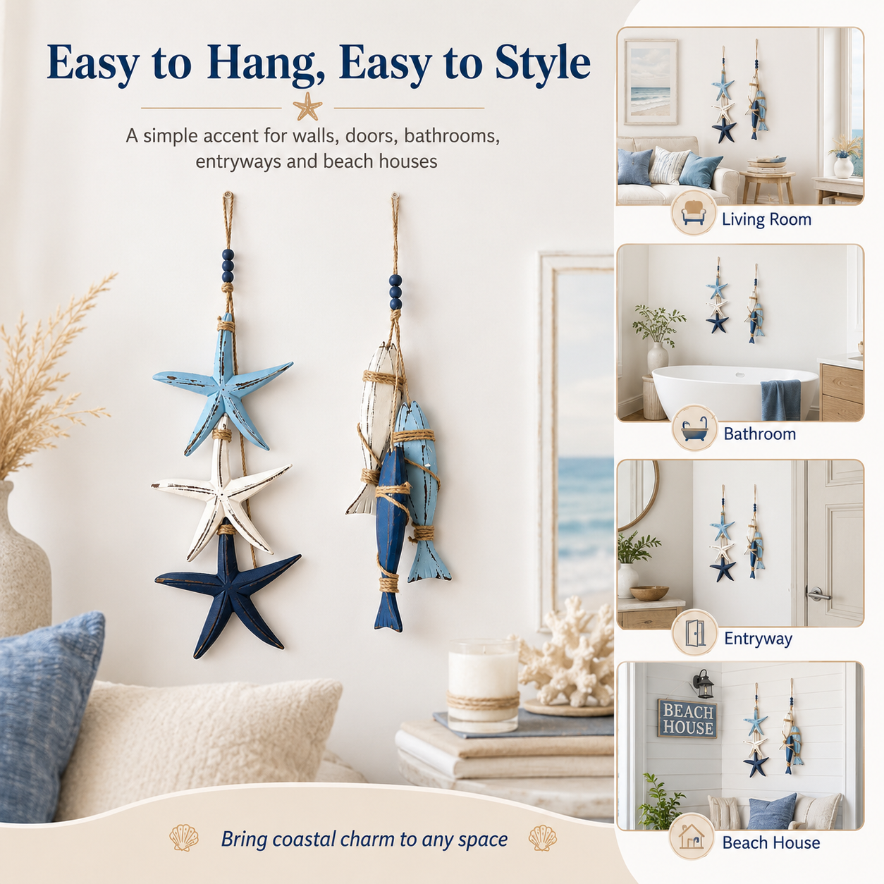 Coastal Wooden Starfish & Fish Hanging Decor, Nautical Wall Pendant with Jute Rope & Beads