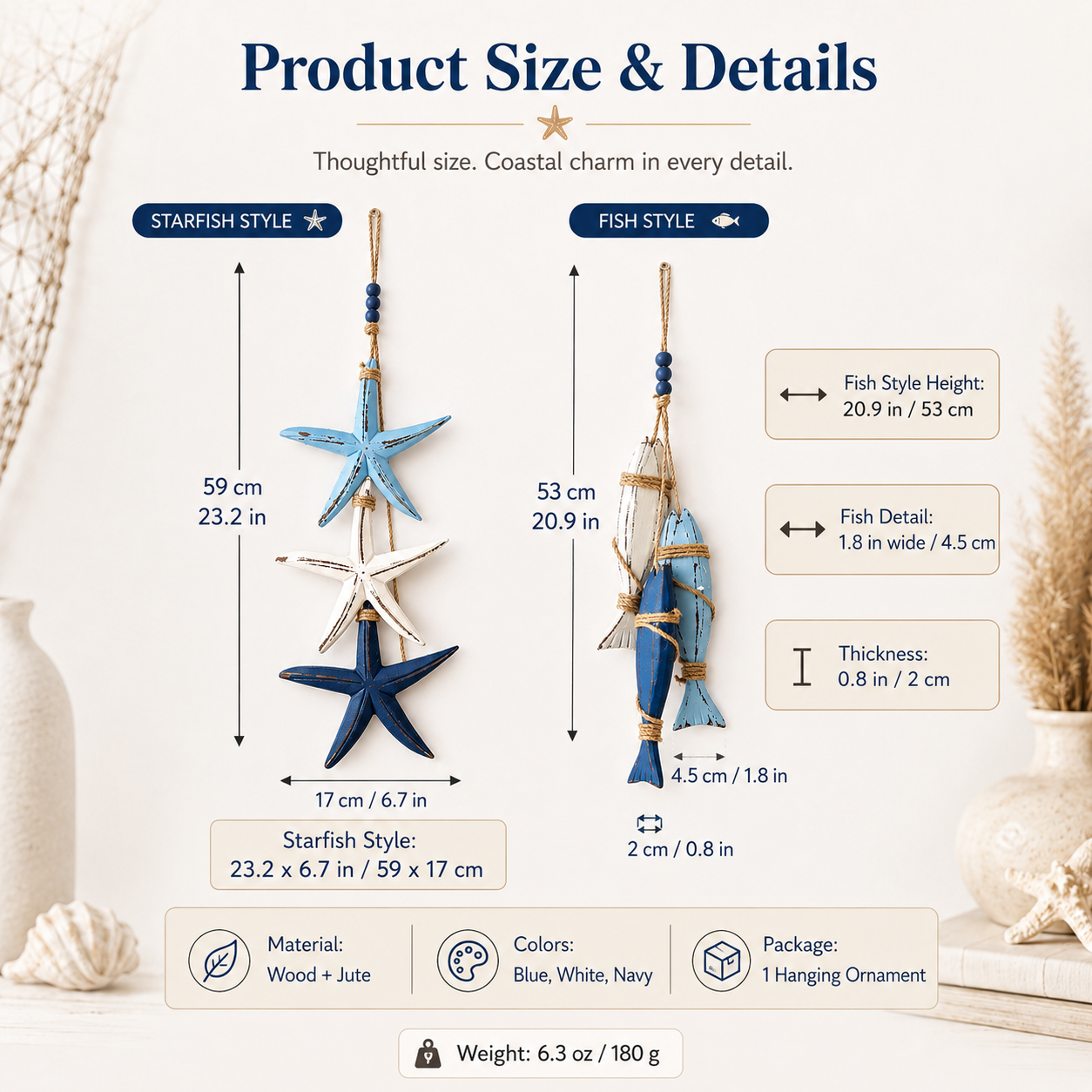 Coastal Wooden Starfish & Fish Hanging Decor, Nautical Wall Pendant with Jute Rope & Beads