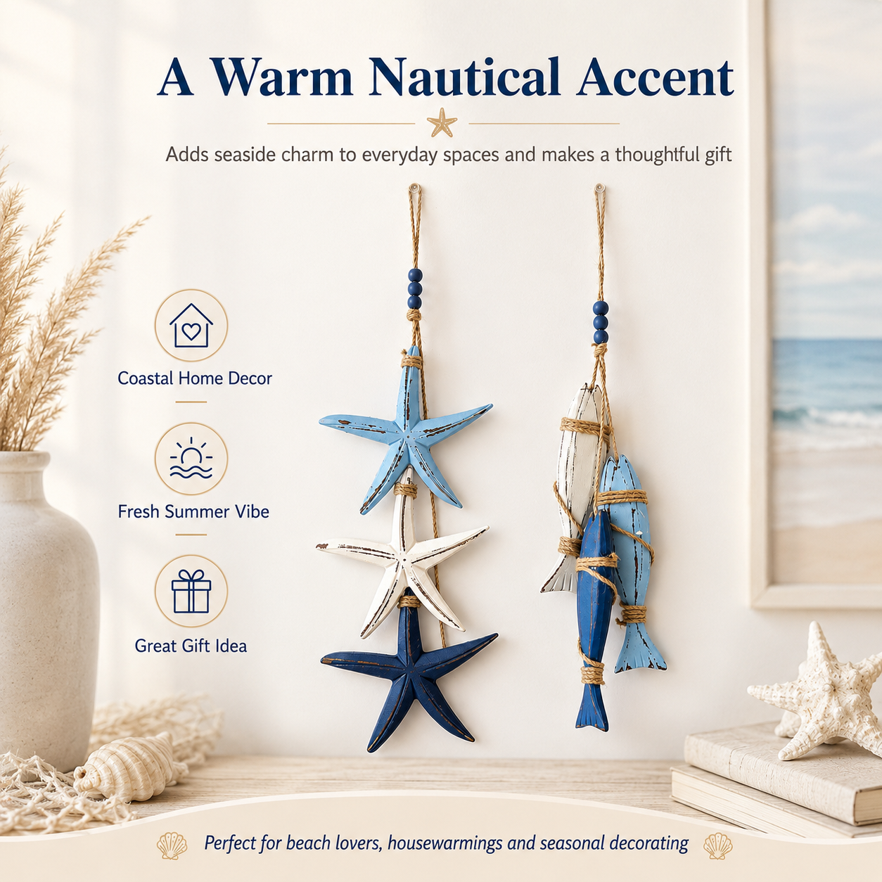 Coastal Wooden Starfish & Fish Hanging Decor, Nautical Wall Pendant with Jute Rope & Beads