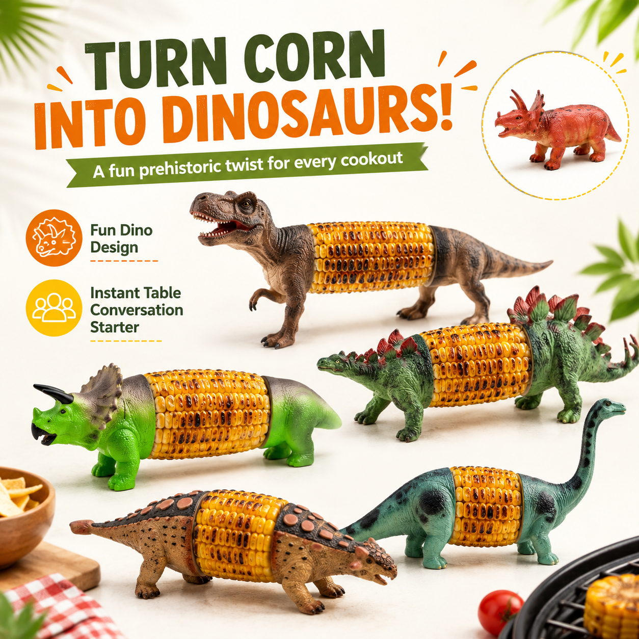 Dinosaur Corn Cob Holders for BBQ, Fun Dino Corn Skewers for Kids & Adults 🦖🌽