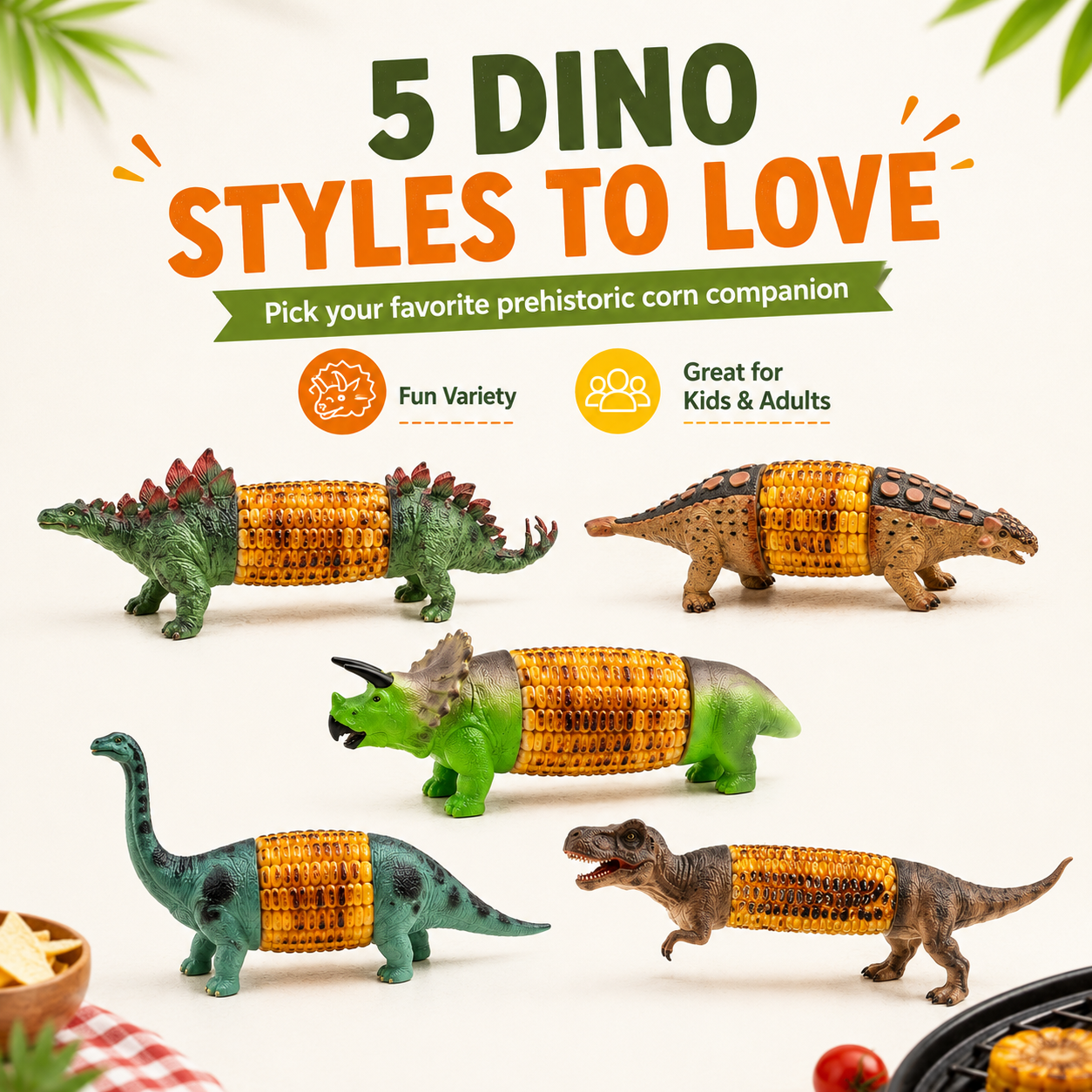 Dinosaur Corn Cob Holders for BBQ, Fun Dino Corn Skewers for Kids & Adults 🦖🌽