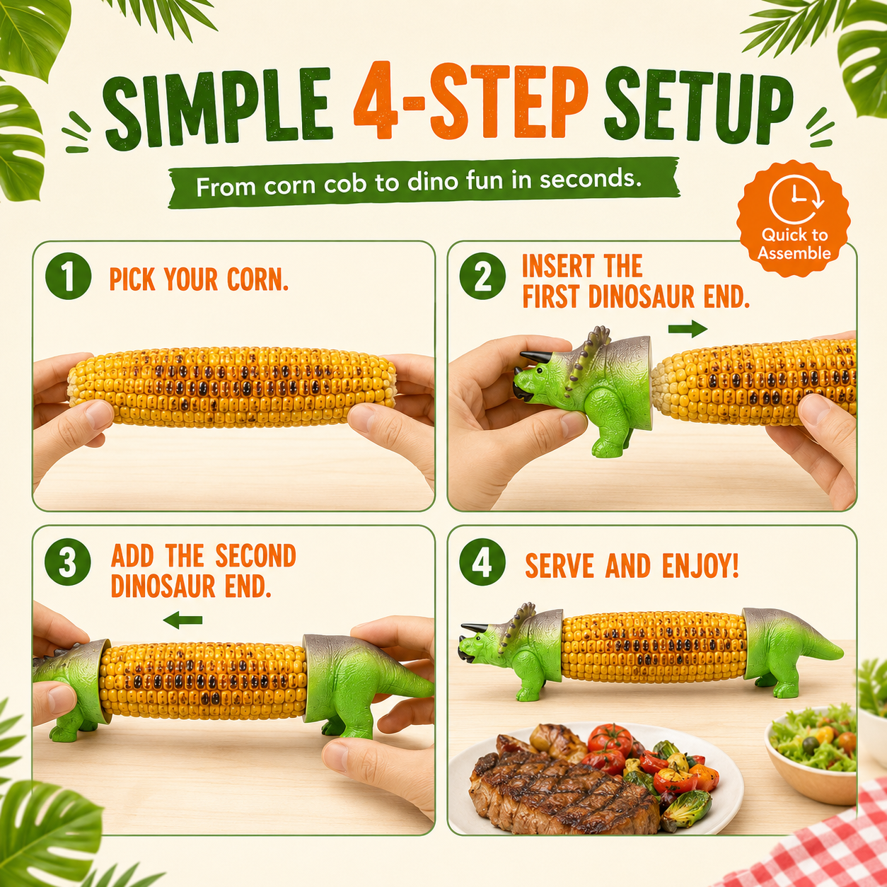 Dinosaur Corn Cob Holders for BBQ, Fun Dino Corn Skewers for Kids & Adults 🦖🌽