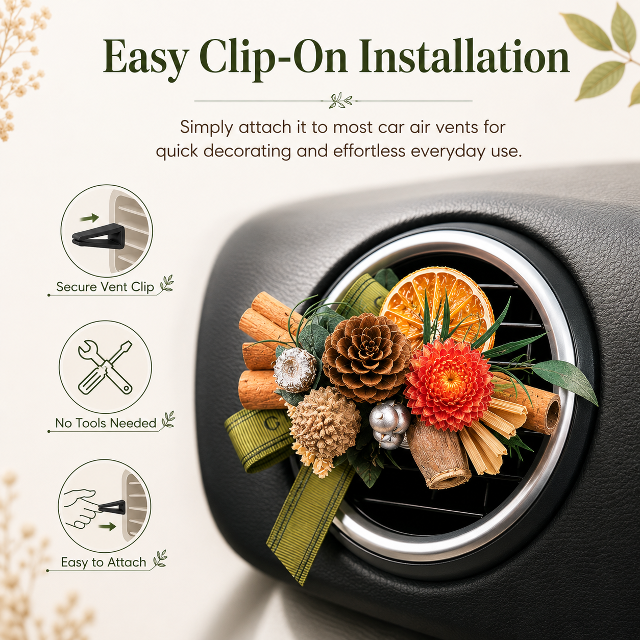 Botanical Dried Flower Car Air Vent Diffuser, Natural Wood & Fruit Car Air Freshener Clip for Auto Interior Decoration