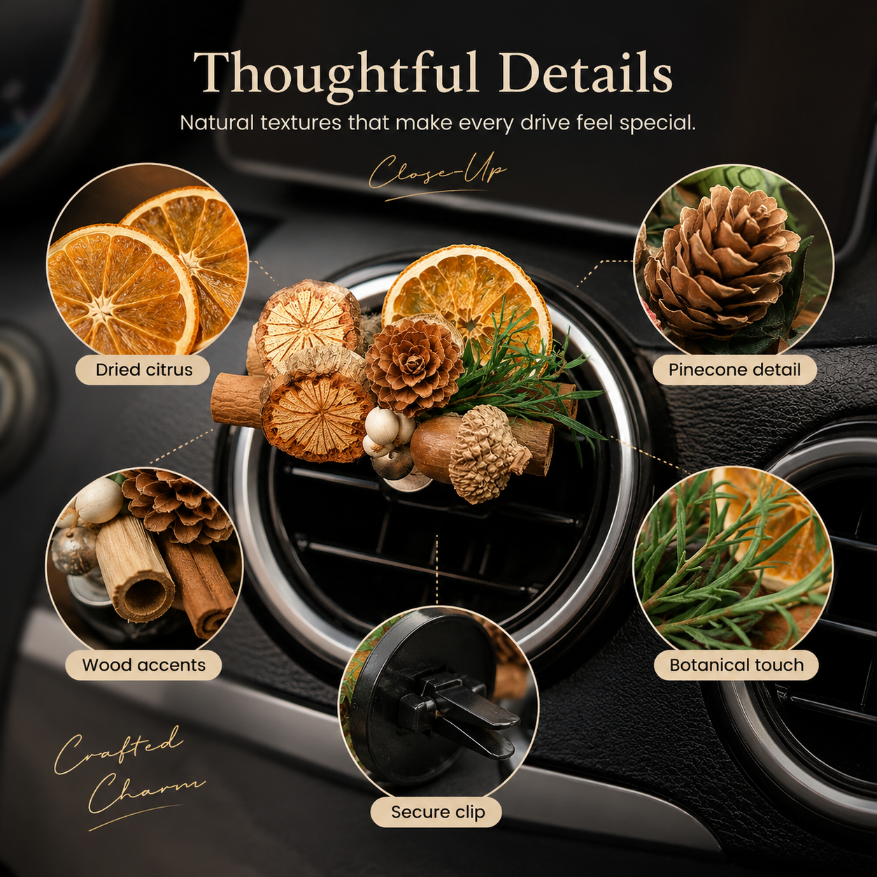 Botanical Dried Flower Car Air Vent Diffuser, Natural Wood & Fruit Car Air Freshener Clip for Auto Interior Decoration