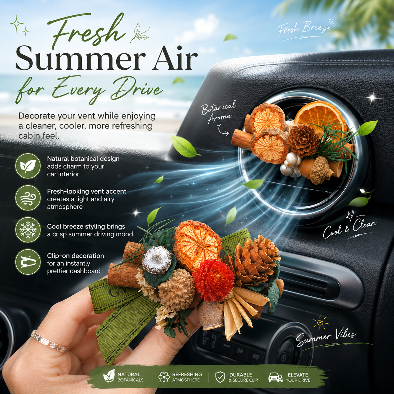 Botanical Dried Flower Car Air Vent Diffuser, Natural Wood & Fruit Car Air Freshener Clip for Auto Interior Decoration