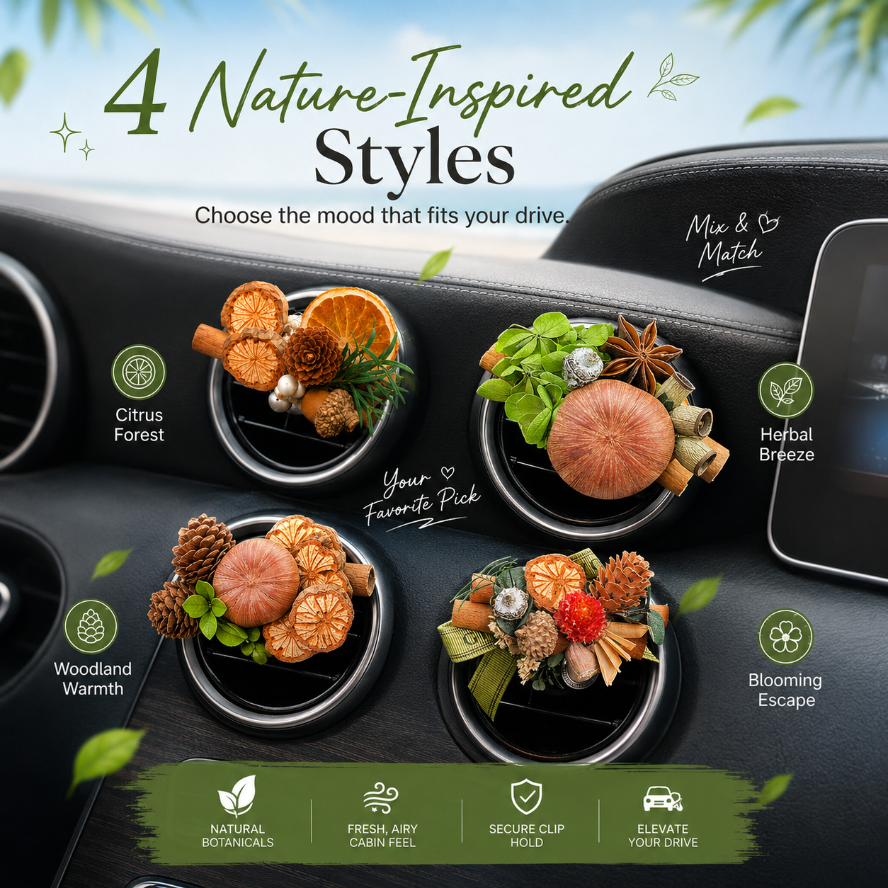 Botanical Dried Flower Car Air Vent Diffuser, Natural Wood & Fruit Car Air Freshener Clip for Auto Interior Decoration