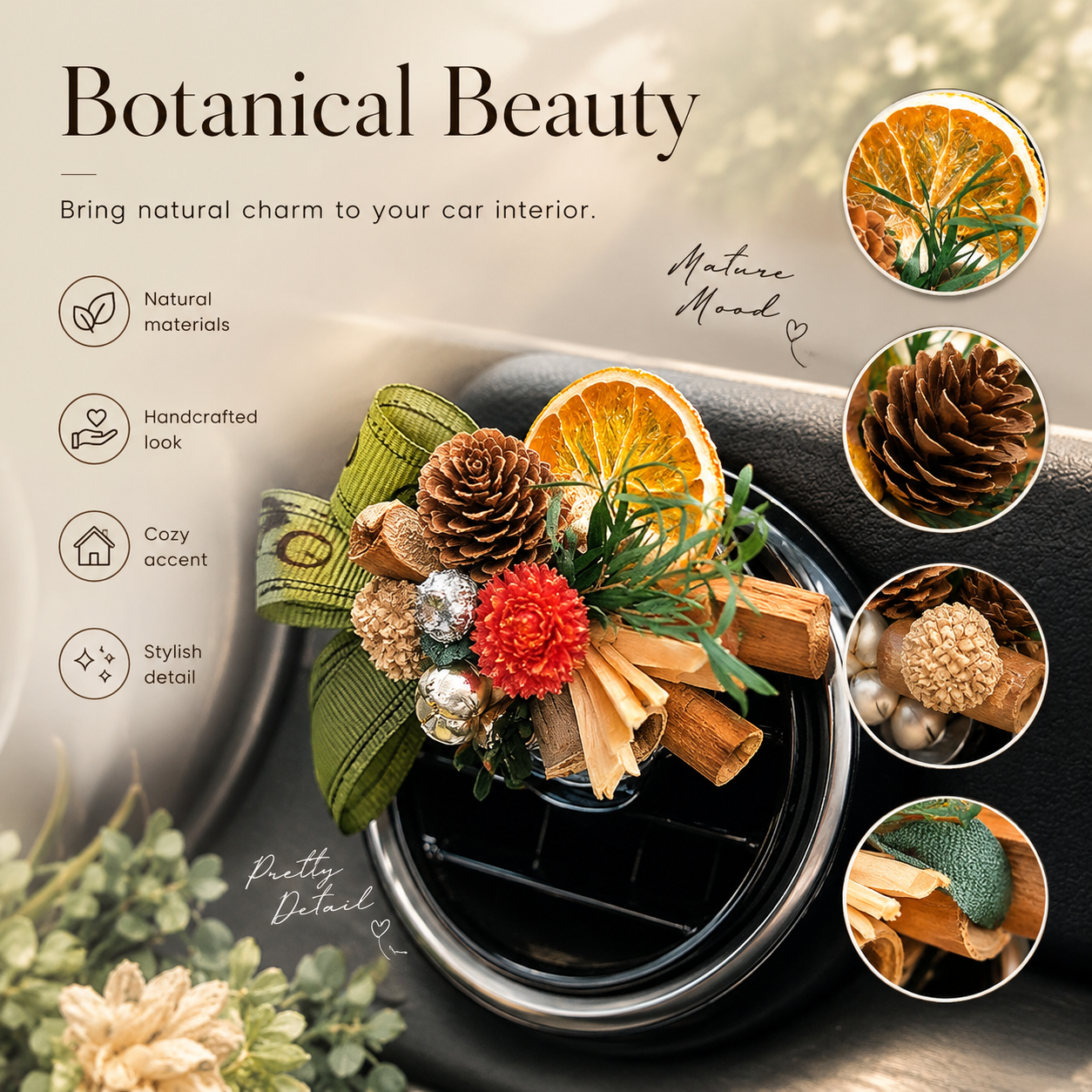 Botanical Dried Flower Car Air Vent Diffuser, Natural Wood & Fruit Car Air Freshener Clip for Auto Interior Decoration