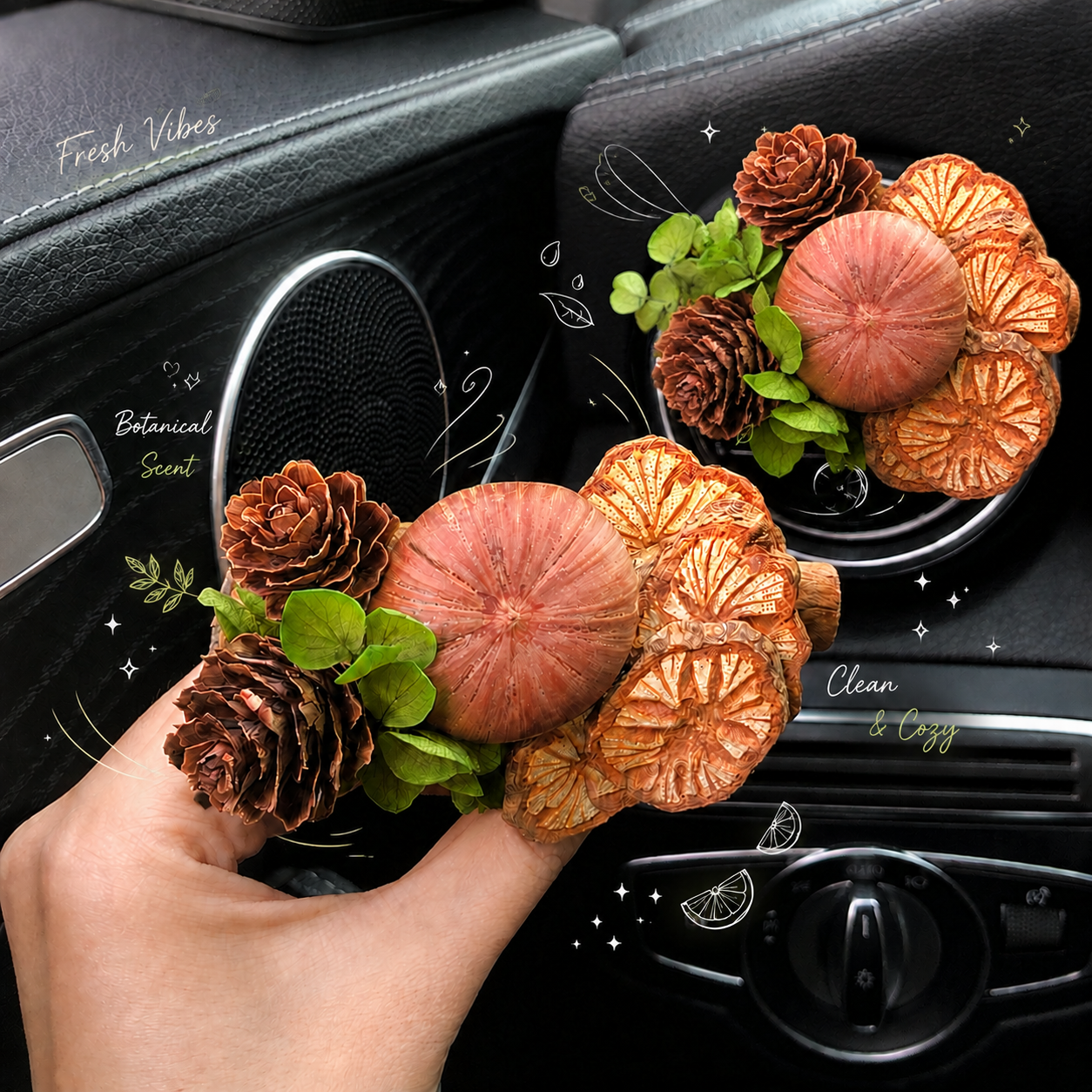 Botanical Dried Flower Car Air Vent Diffuser, Natural Wood & Fruit Car Air Freshener Clip for Auto Interior Decoration
