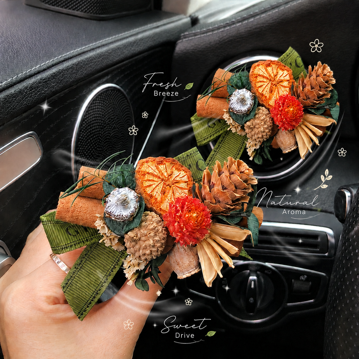 Botanical Dried Flower Car Air Vent Diffuser, Natural Wood & Fruit Car Air Freshener Clip for Auto Interior Decoration