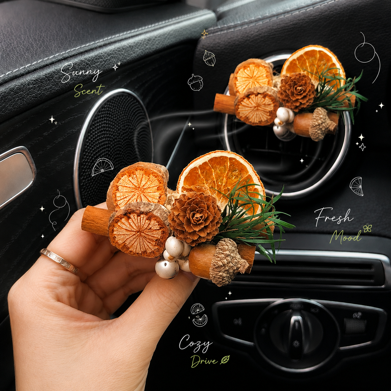 Botanical Dried Flower Car Air Vent Diffuser, Natural Wood & Fruit Car Air Freshener Clip for Auto Interior Decoration