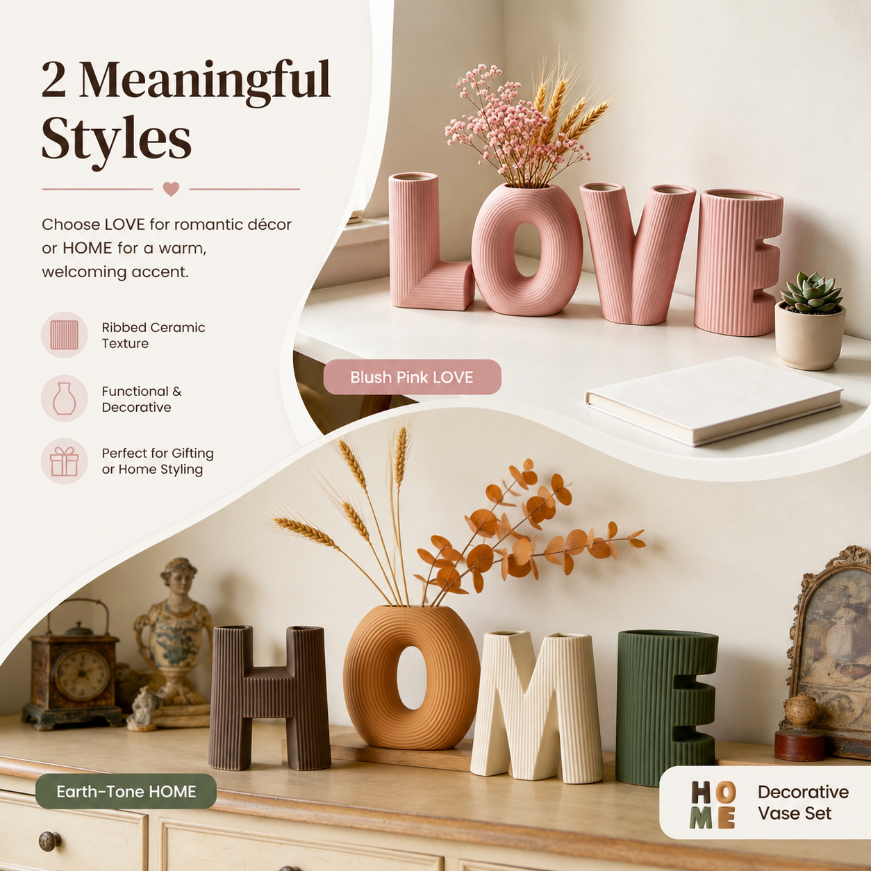 LOVE & HOME Letter Ceramic Vase Set, Ribbed Decorative Flower Vase