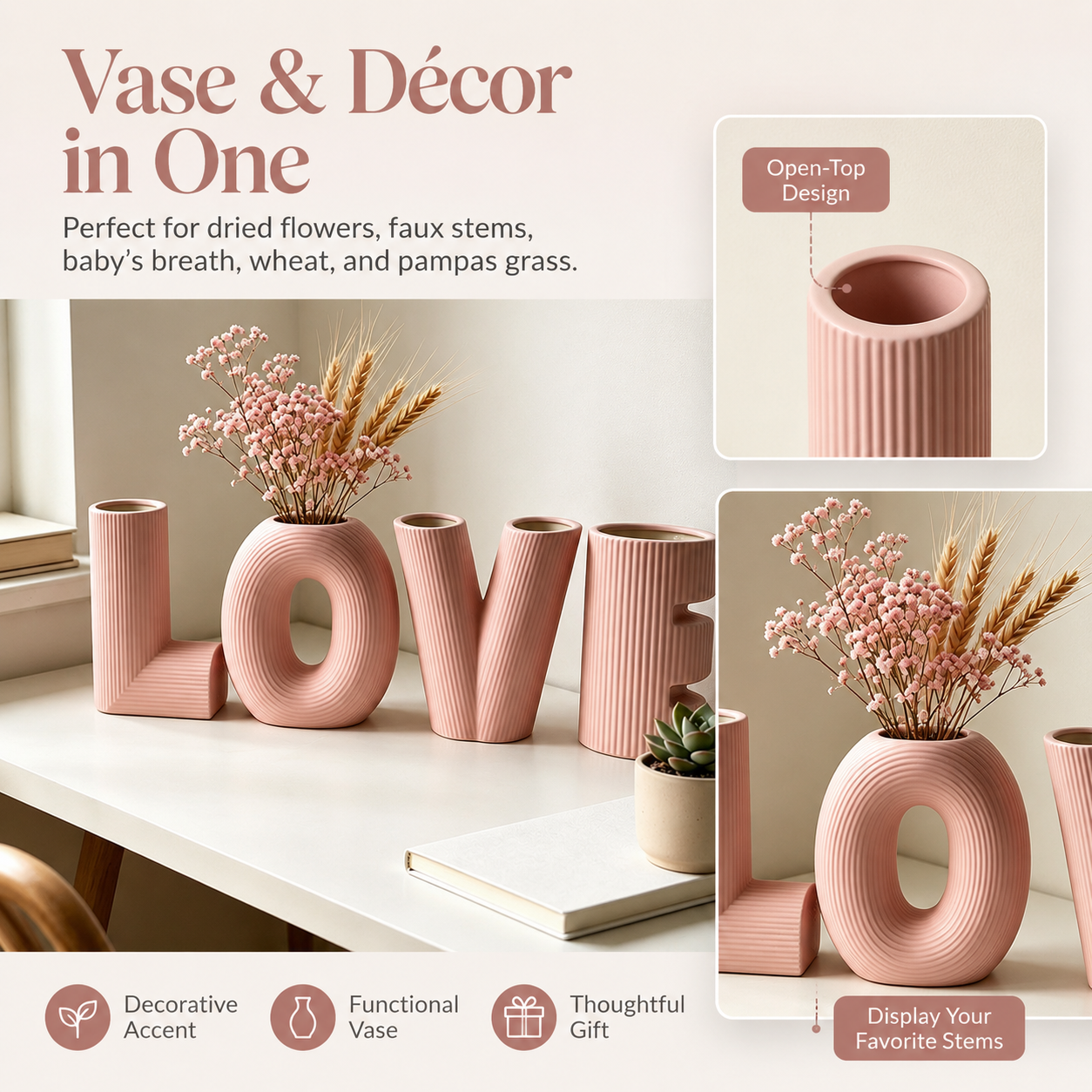 LOVE & HOME Letter Ceramic Vase Set, Ribbed Decorative Flower Vase