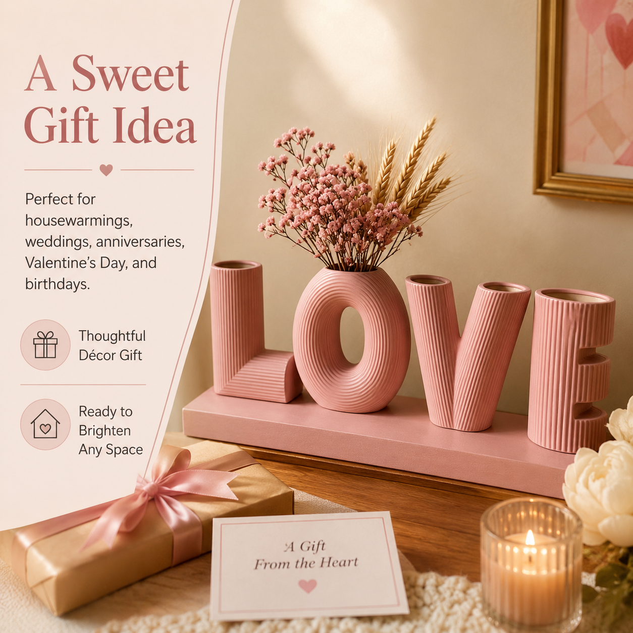 LOVE & HOME Letter Ceramic Vase Set, Ribbed Decorative Flower Vase
