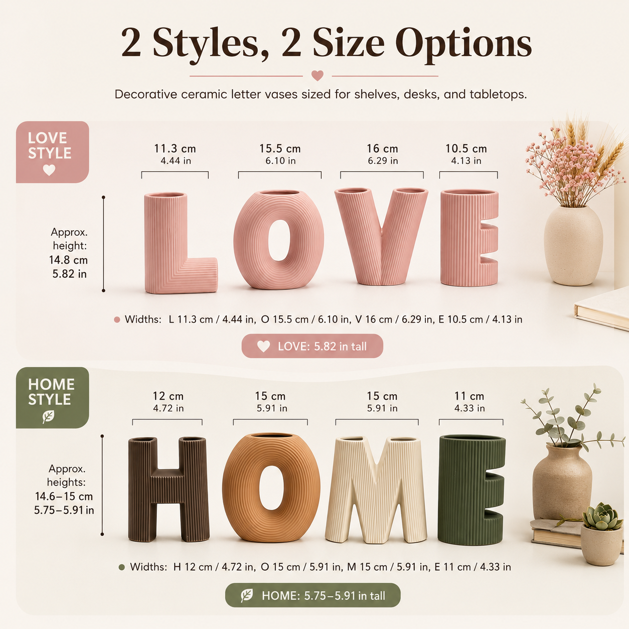 LOVE & HOME Letter Ceramic Vase Set, Ribbed Decorative Flower Vase