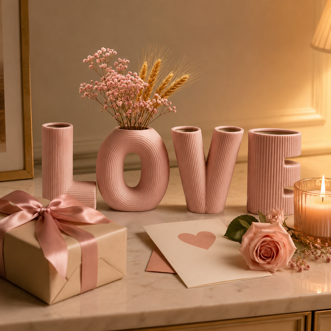LOVE & HOME Letter Ceramic Vase Set, Ribbed Decorative Flower Vase