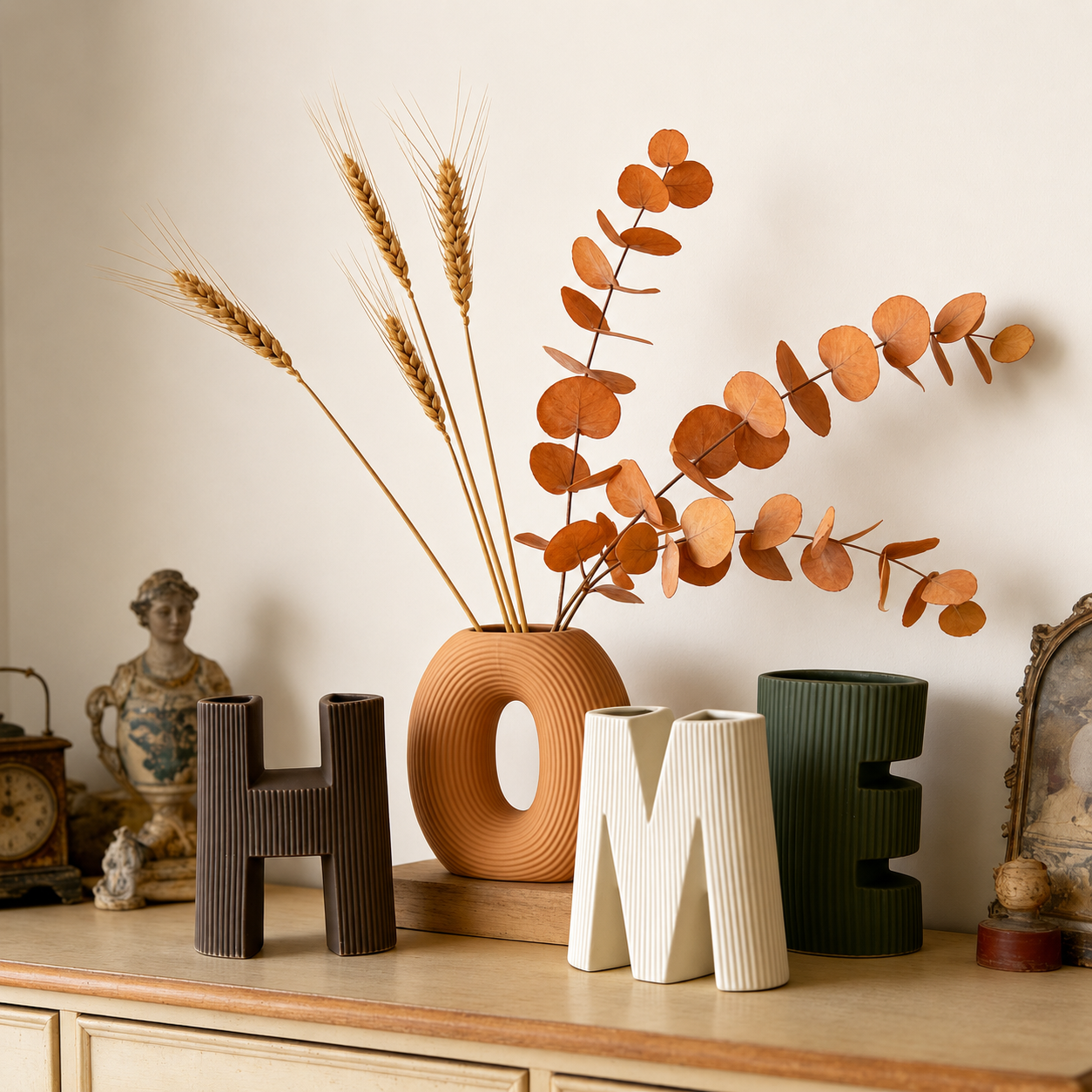 LOVE & HOME Letter Ceramic Vase Set, Ribbed Decorative Flower Vase