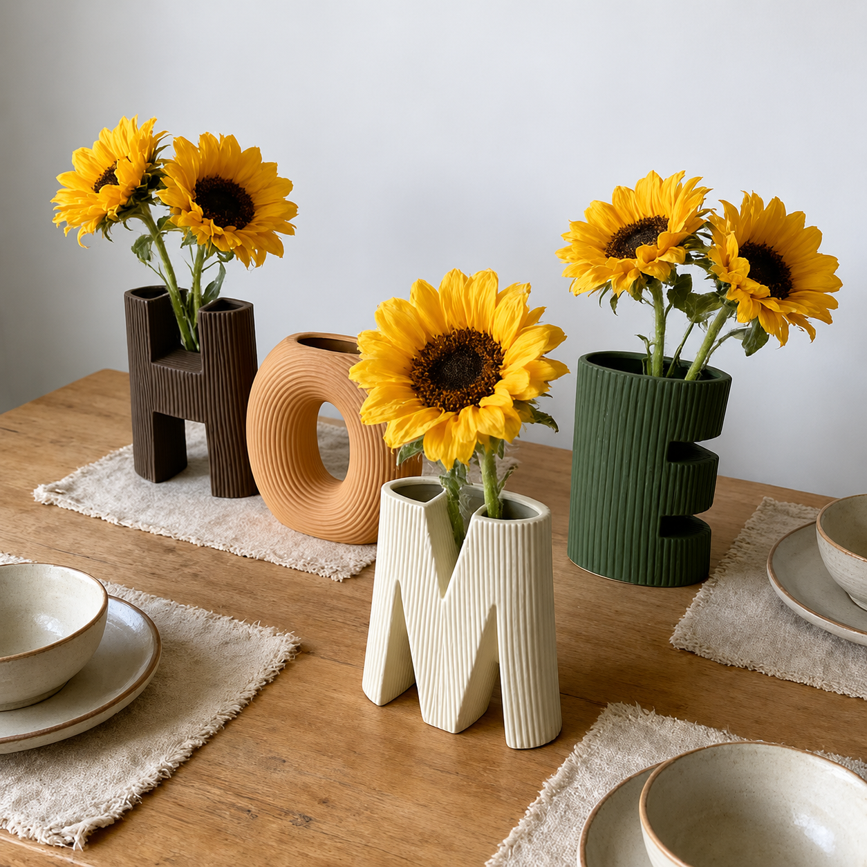 LOVE & HOME Letter Ceramic Vase Set, Ribbed Decorative Flower Vase