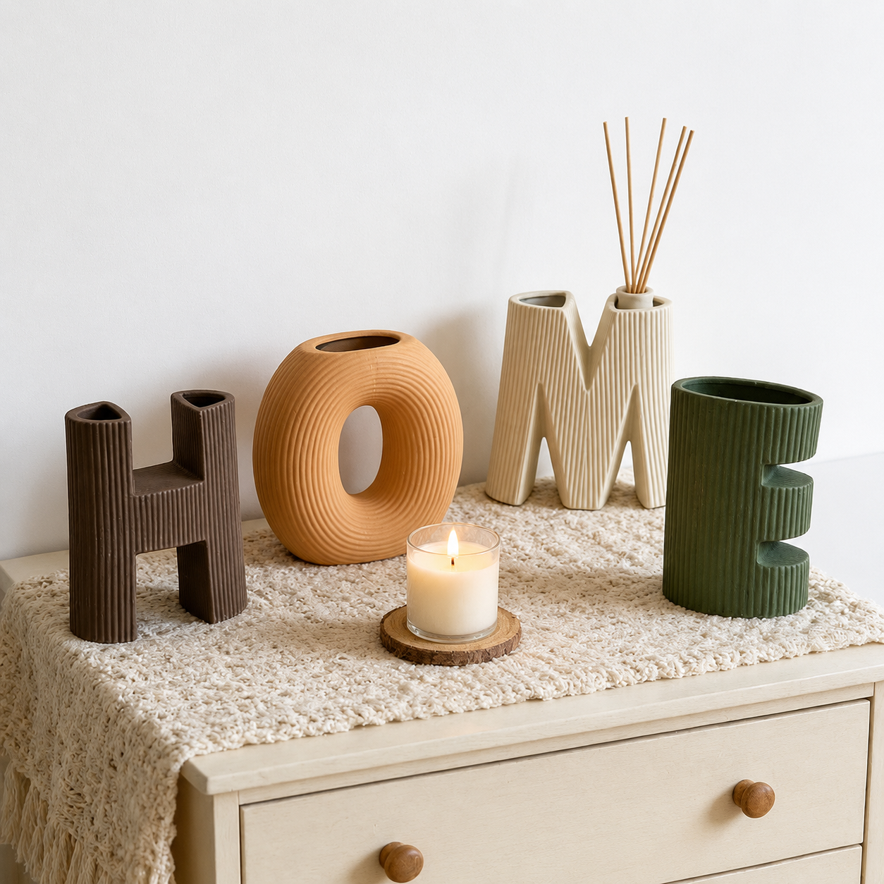 LOVE & HOME Letter Ceramic Vase Set, Ribbed Decorative Flower Vase