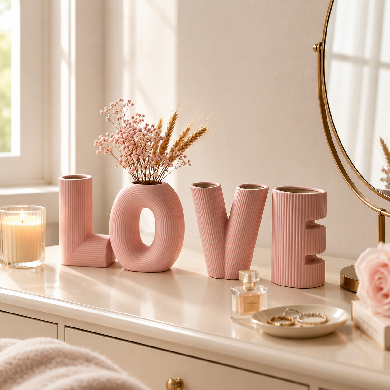 LOVE & HOME Letter Ceramic Vase Set, Ribbed Decorative Flower Vase