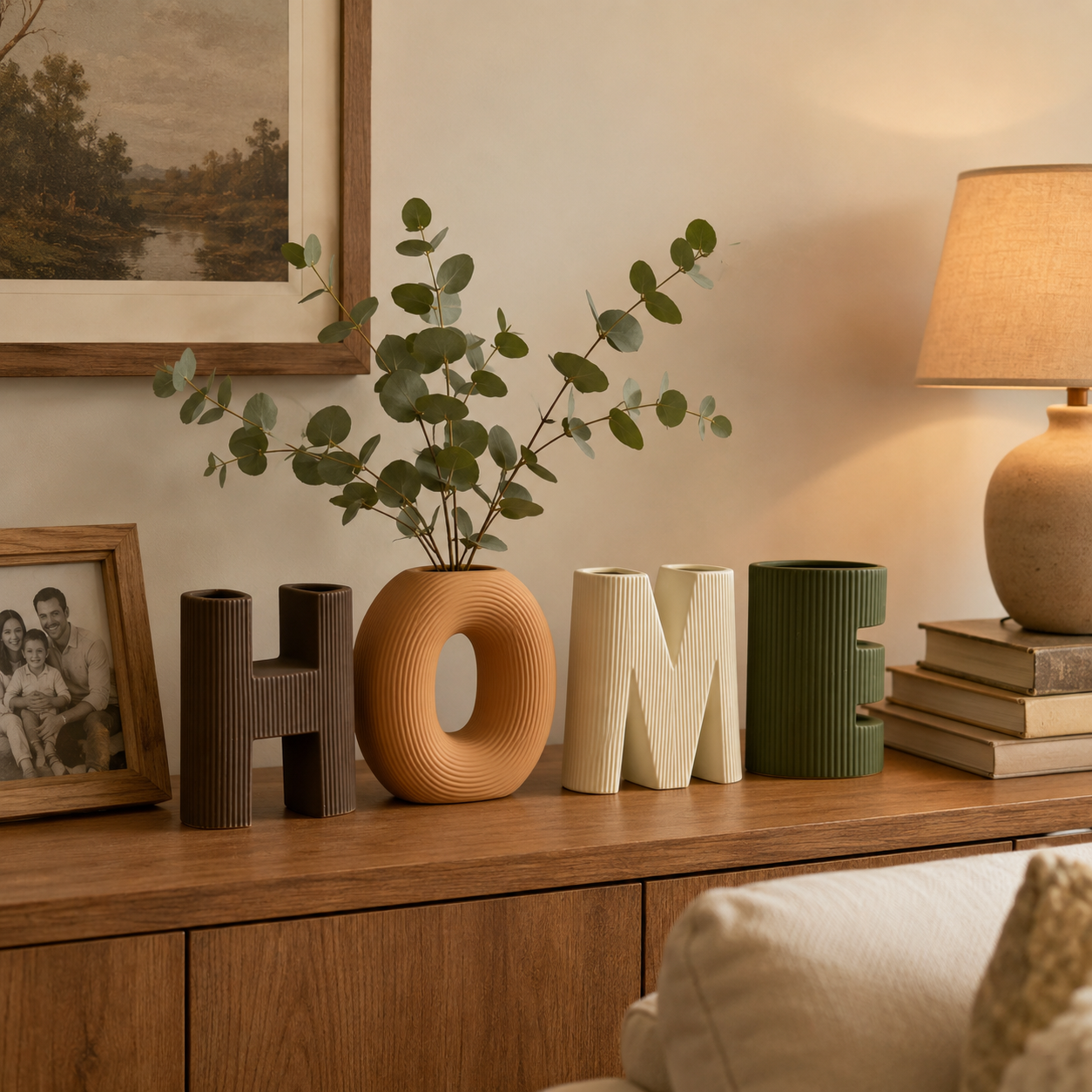 LOVE & HOME Letter Ceramic Vase Set, Ribbed Decorative Flower Vase