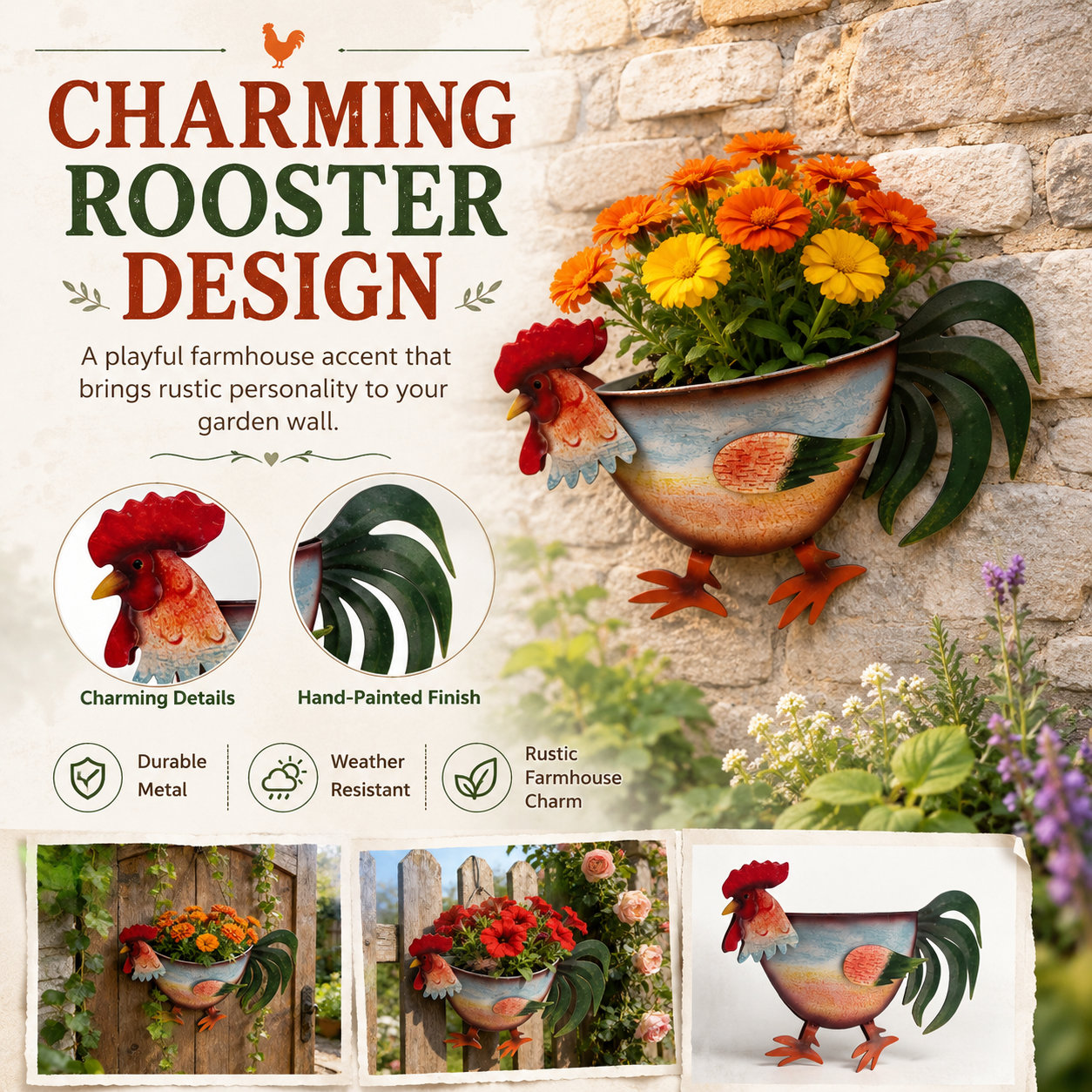 Rustic Rooster Wall Planter, Metal Hanging Flower Pot