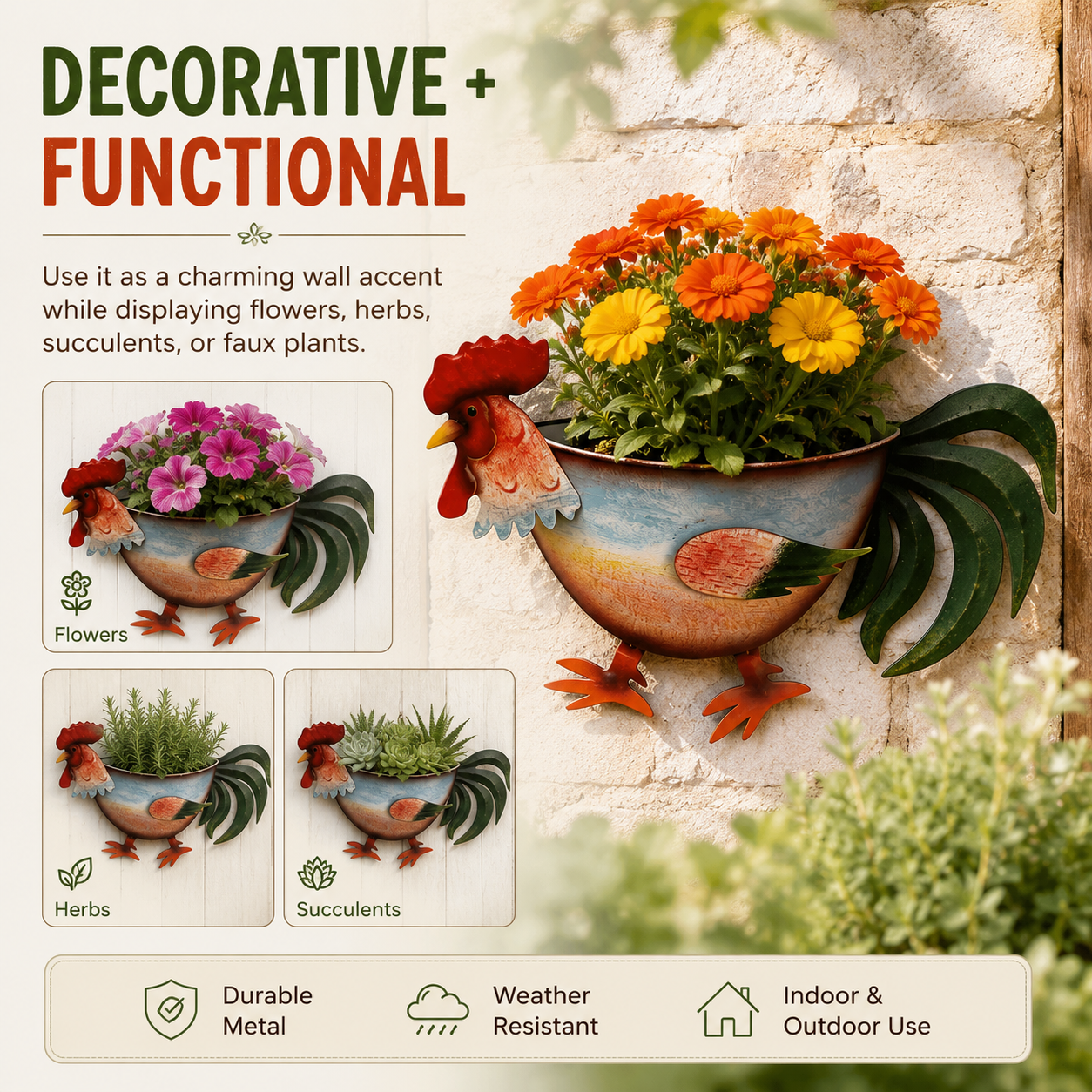 Rustic Rooster Wall Planter, Metal Hanging Flower Pot