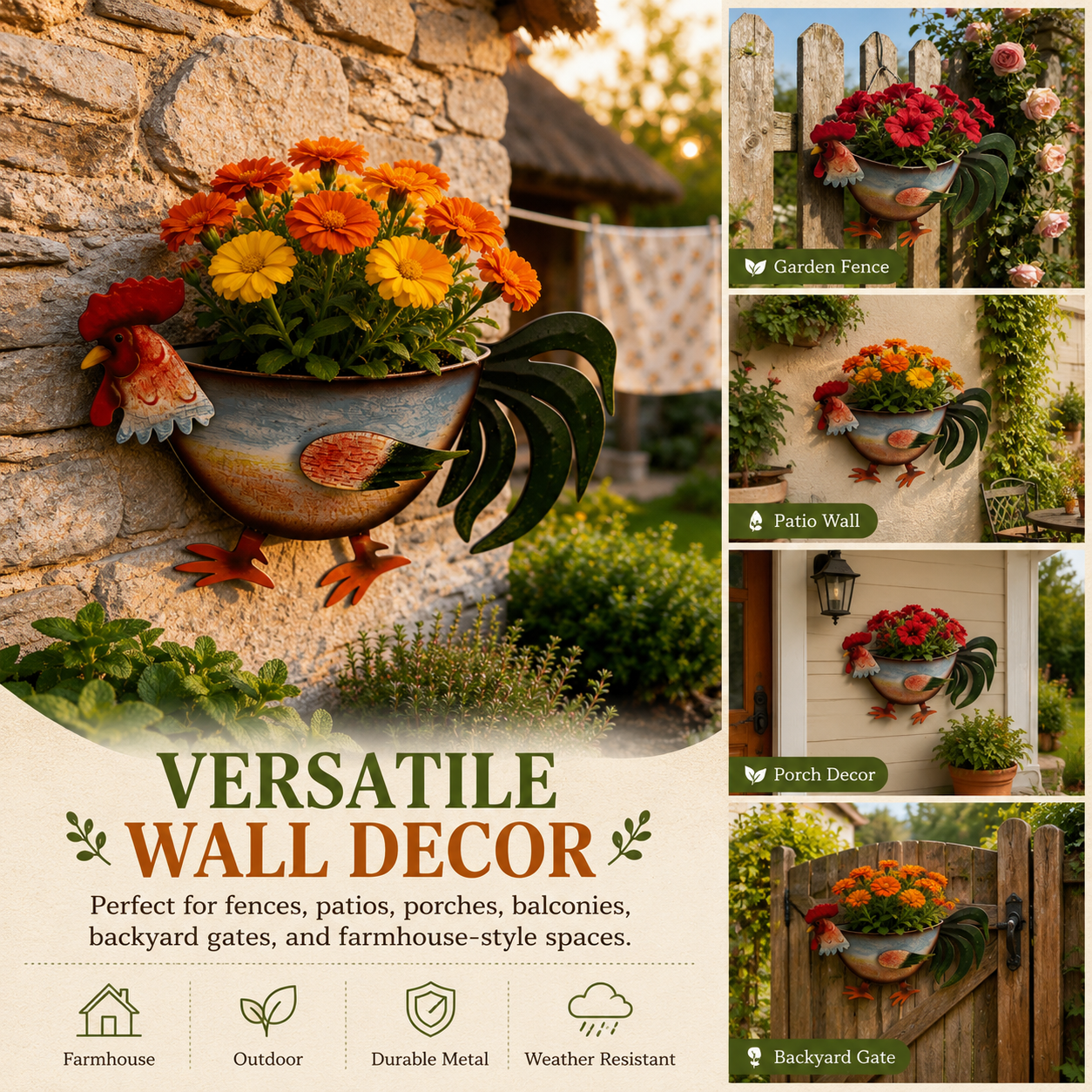 Rustic Rooster Wall Planter, Metal Hanging Flower Pot