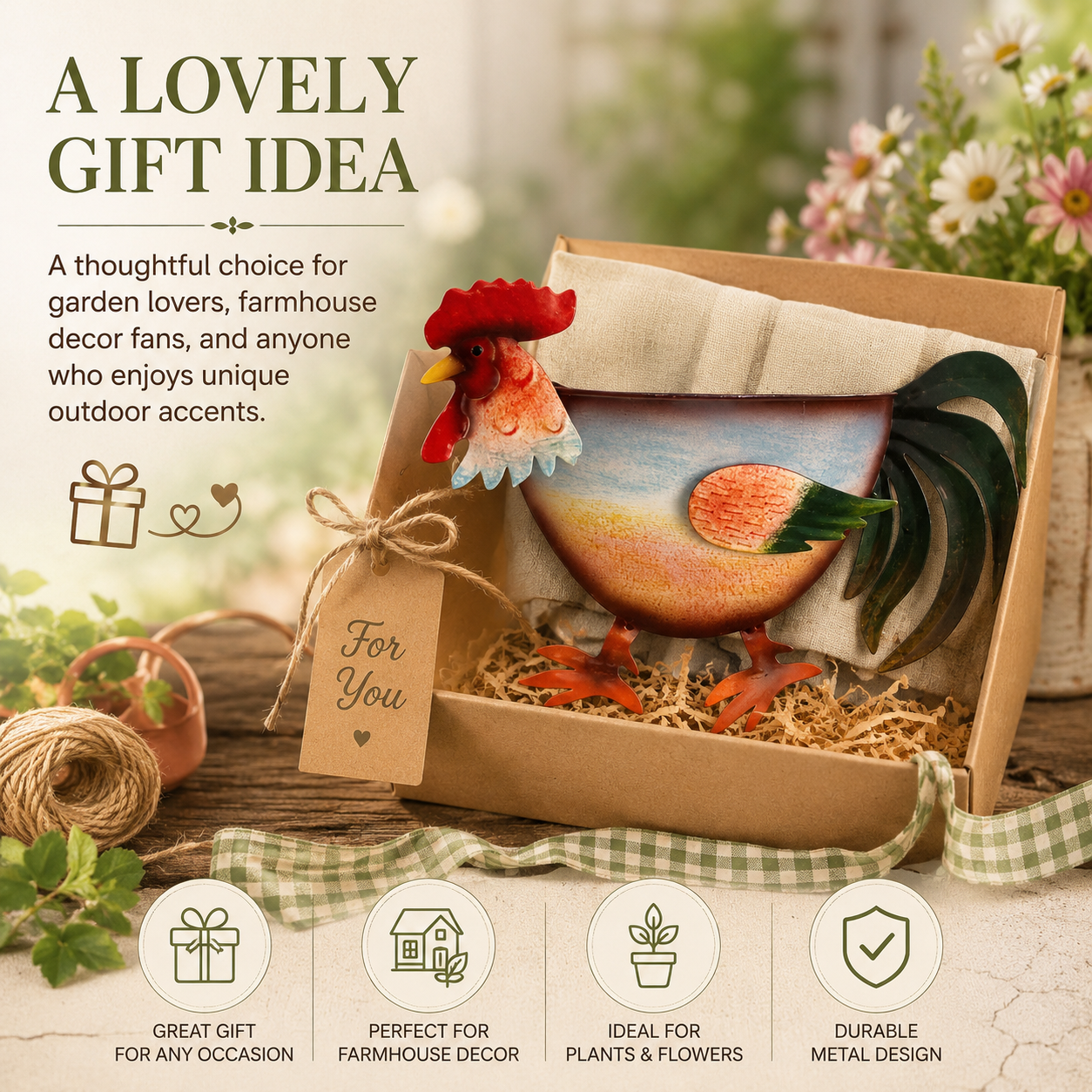 Rustic Rooster Wall Planter, Metal Hanging Flower Pot