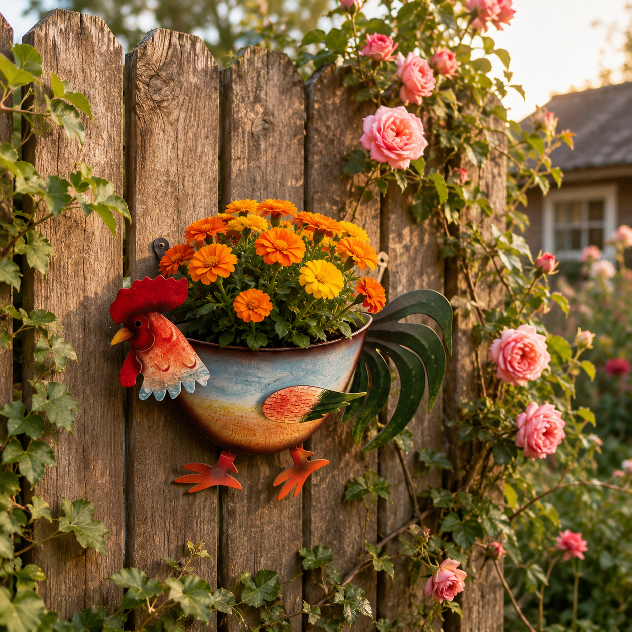 Rustic Rooster Wall Planter, Metal Hanging Flower Pot