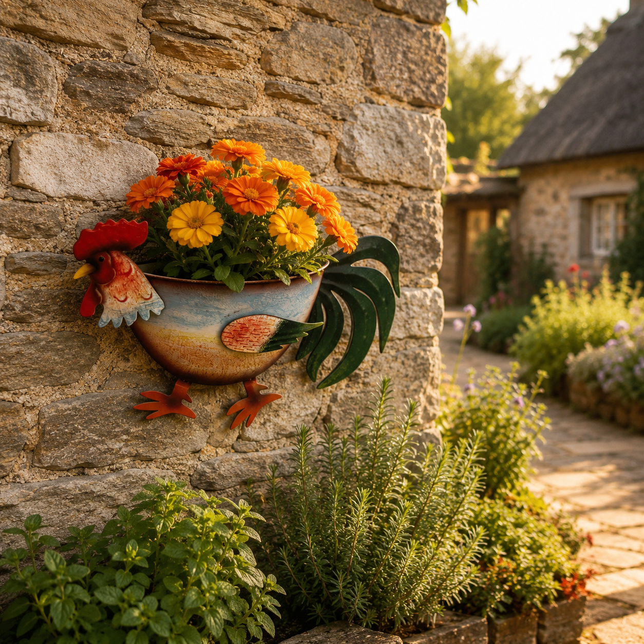 Rustic Rooster Wall Planter, Metal Hanging Flower Pot