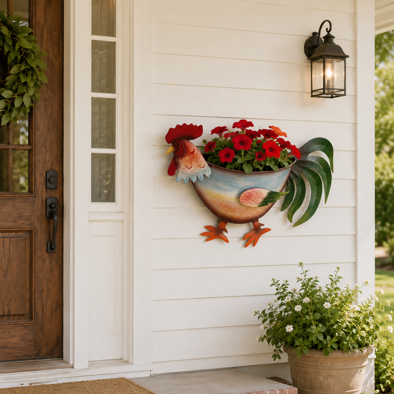 Rustic Rooster Wall Planter, Metal Hanging Flower Pot