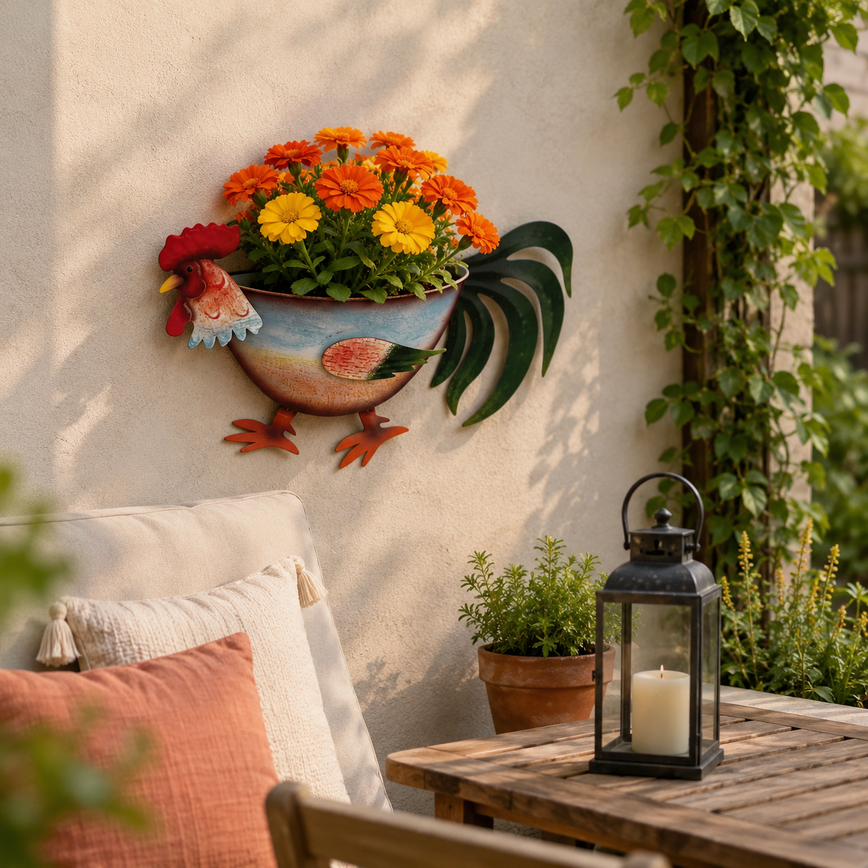 Rustic Rooster Wall Planter, Metal Hanging Flower Pot