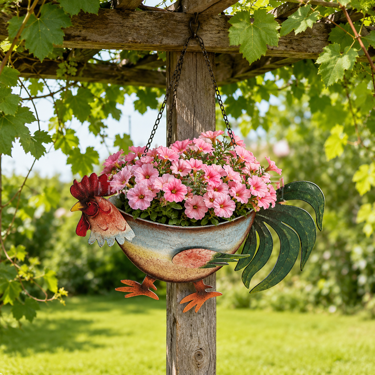 Rustic Rooster Wall Planter, Metal Hanging Flower Pot