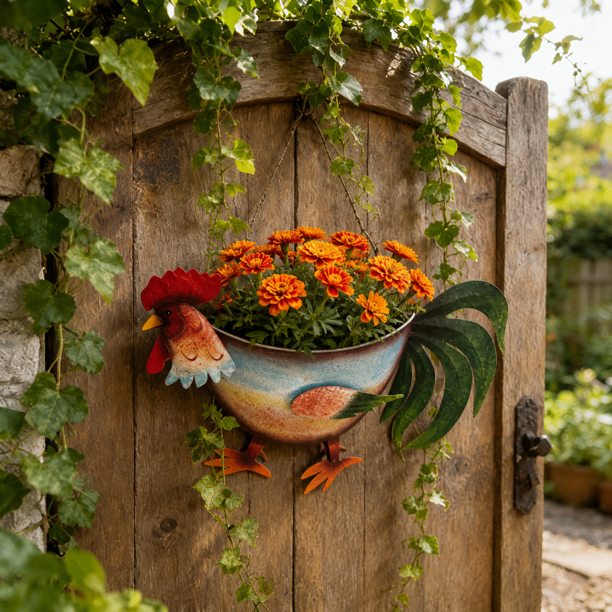 Rustic Rooster Wall Planter, Metal Hanging Flower Pot