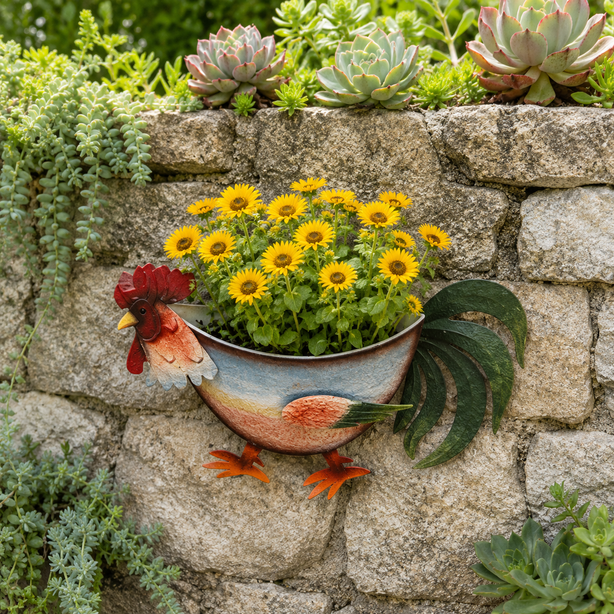 Rustic Rooster Wall Planter, Metal Hanging Flower Pot