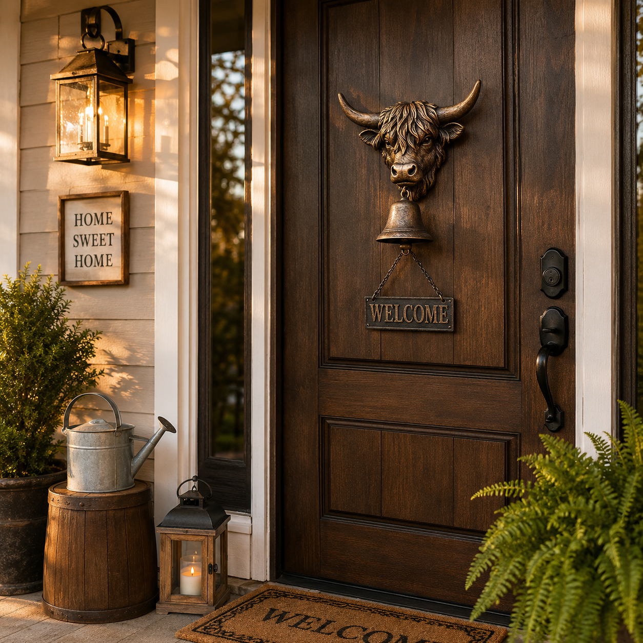 Highland Cow Welcome Bell, Rustic Farmhouse Wall-Mounted Resin Cow Head Door Bell with Metal Bell & Welcome Sign