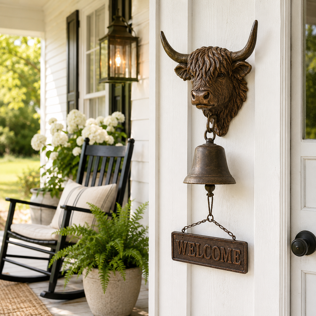 Highland Cow Welcome Bell, Rustic Farmhouse Wall-Mounted Resin Cow Head Door Bell with Metal Bell & Welcome Sign