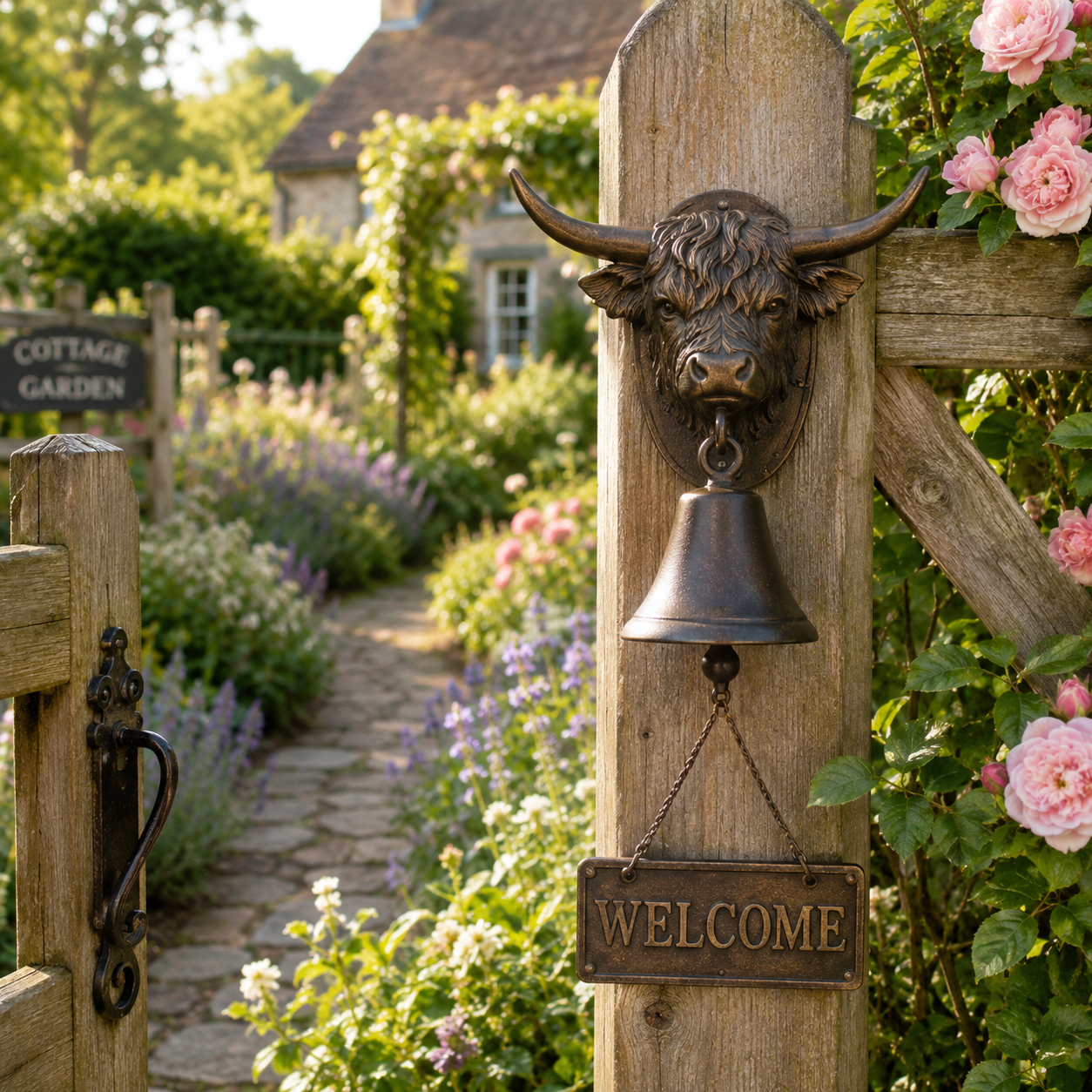 Highland Cow Welcome Bell, Rustic Farmhouse Wall-Mounted Resin Cow Head Door Bell with Metal Bell & Welcome Sign