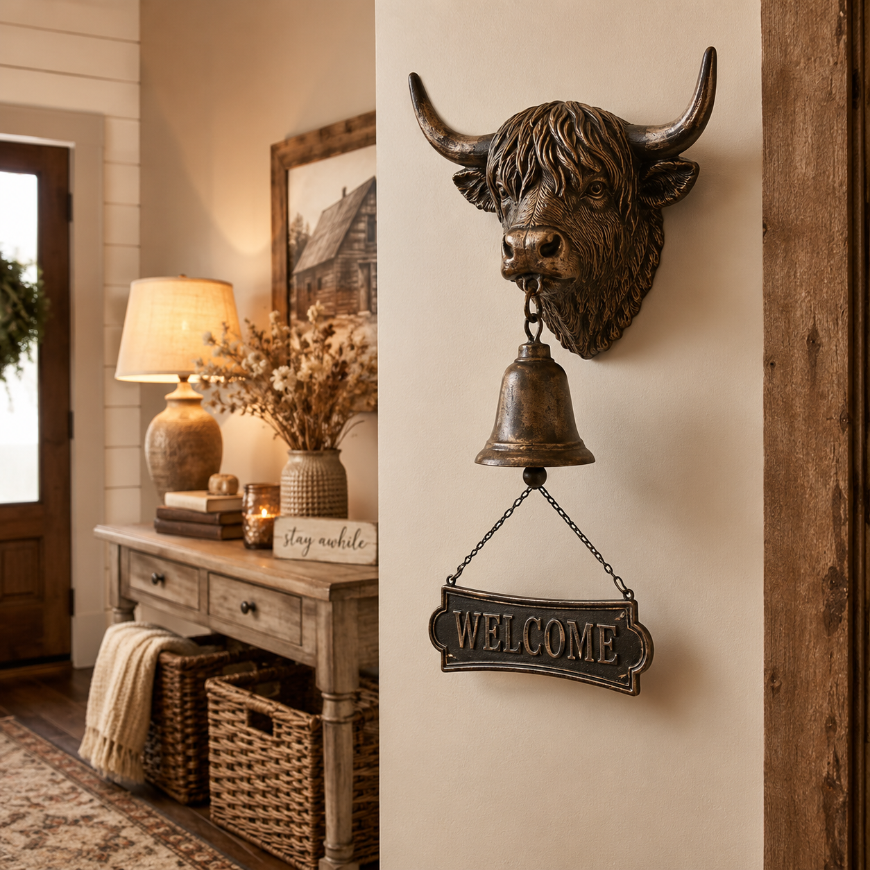 Highland Cow Welcome Bell, Rustic Farmhouse Wall-Mounted Resin Cow Head Door Bell with Metal Bell & Welcome Sign