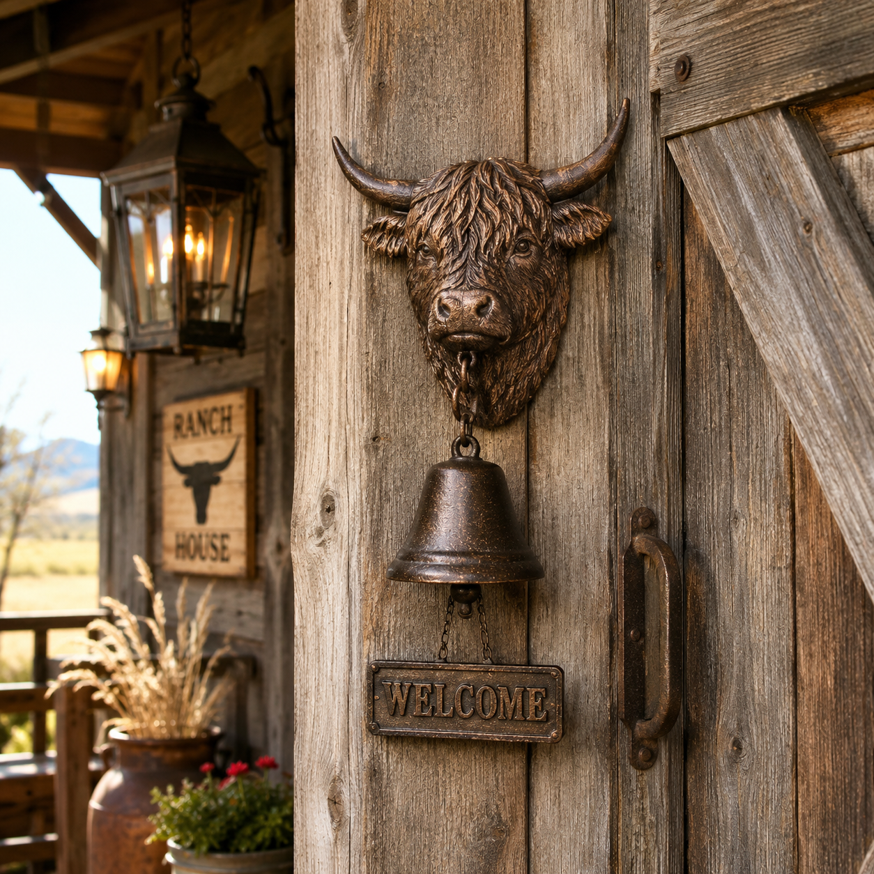 Highland Cow Welcome Bell, Rustic Farmhouse Wall-Mounted Resin Cow Head Door Bell with Metal Bell & Welcome Sign