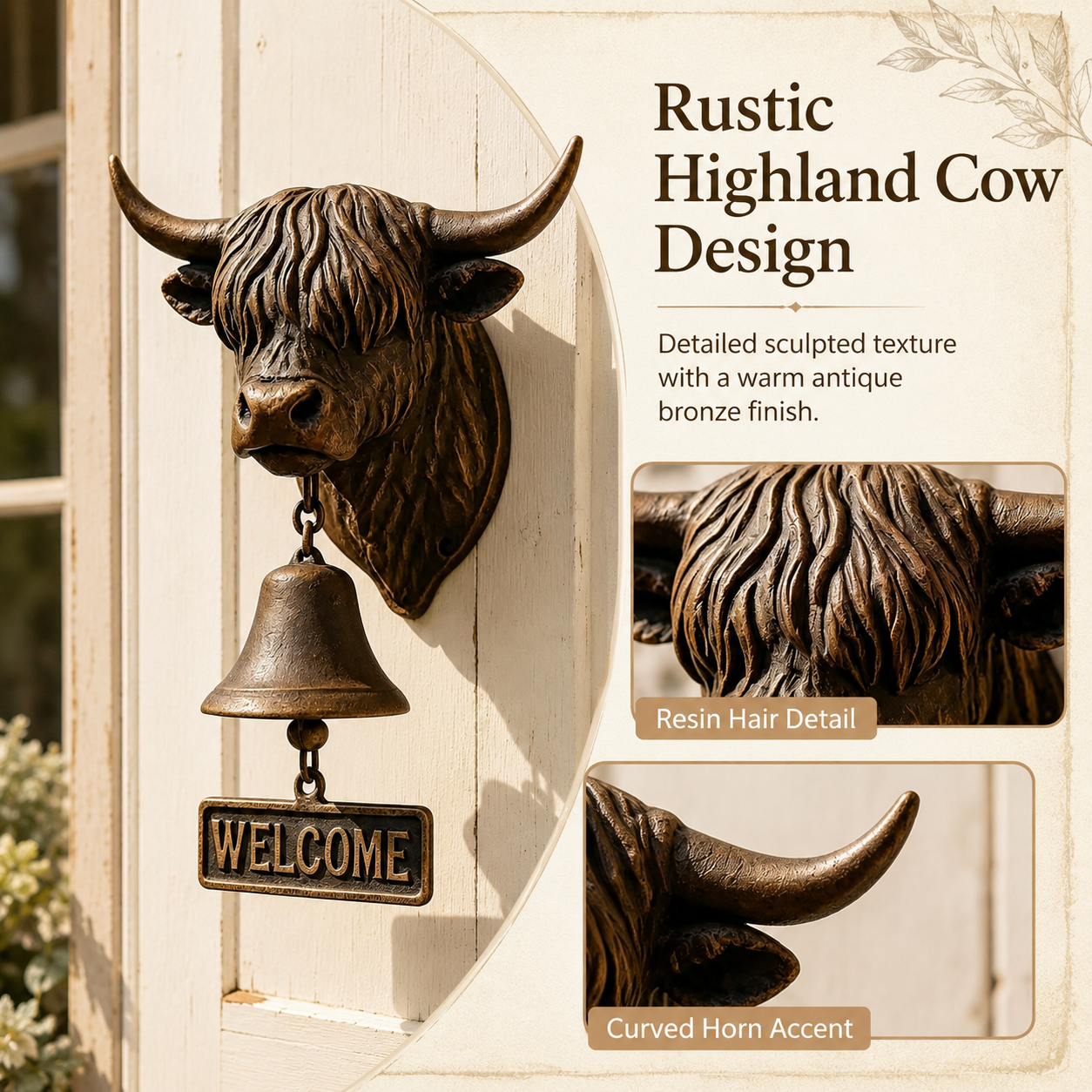 Highland Cow Welcome Bell, Rustic Farmhouse Wall-Mounted Resin Cow Head Door Bell with Metal Bell & Welcome Sign
