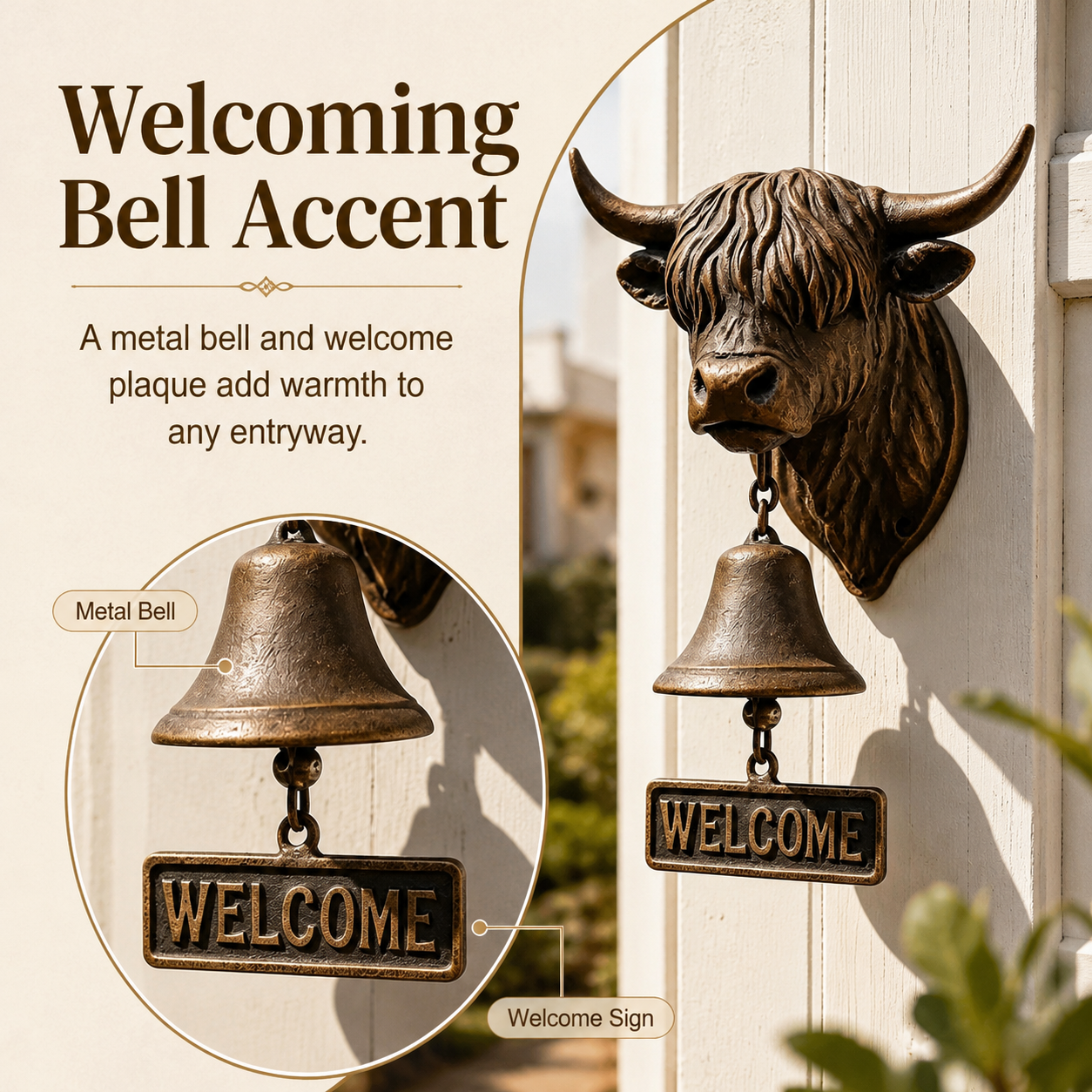 Highland Cow Welcome Bell, Rustic Farmhouse Wall-Mounted Resin Cow Head Door Bell with Metal Bell & Welcome Sign