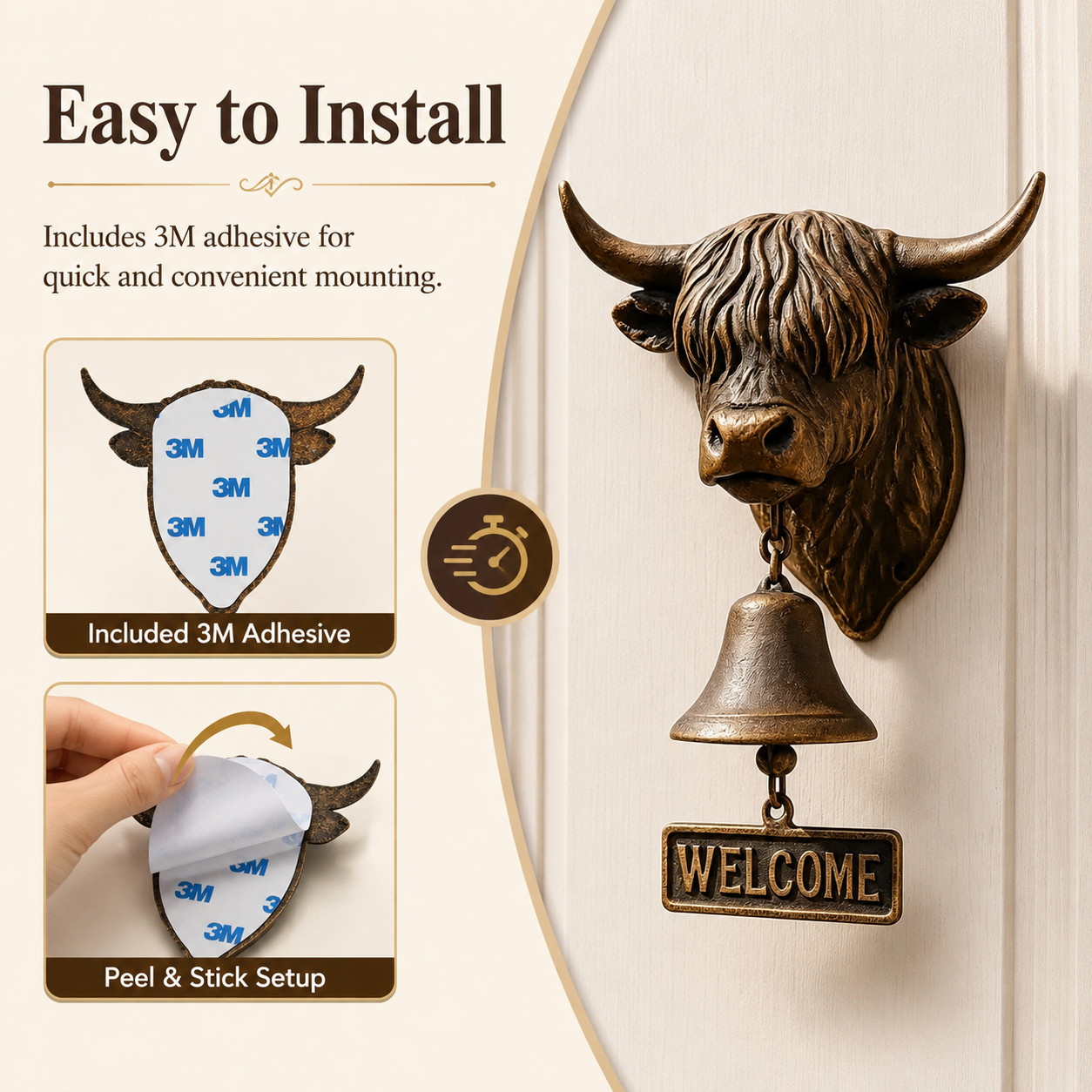 Highland Cow Welcome Bell, Rustic Farmhouse Wall-Mounted Resin Cow Head Door Bell with Metal Bell & Welcome Sign