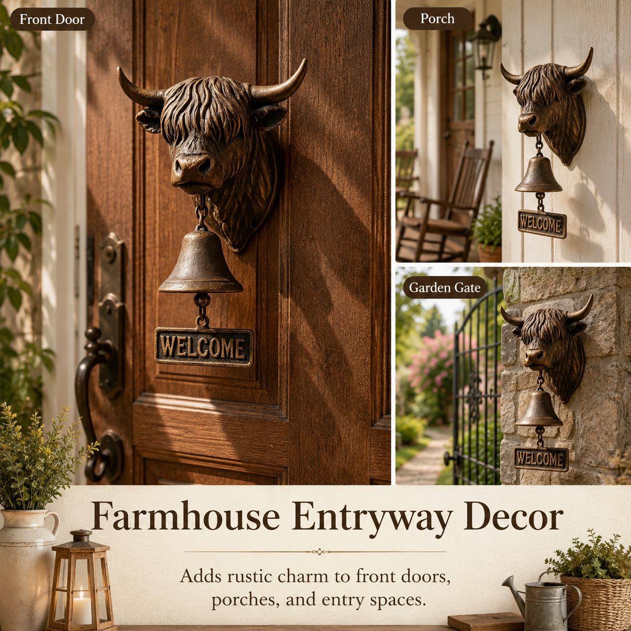 Highland Cow Welcome Bell, Rustic Farmhouse Wall-Mounted Resin Cow Head Door Bell with Metal Bell & Welcome Sign
